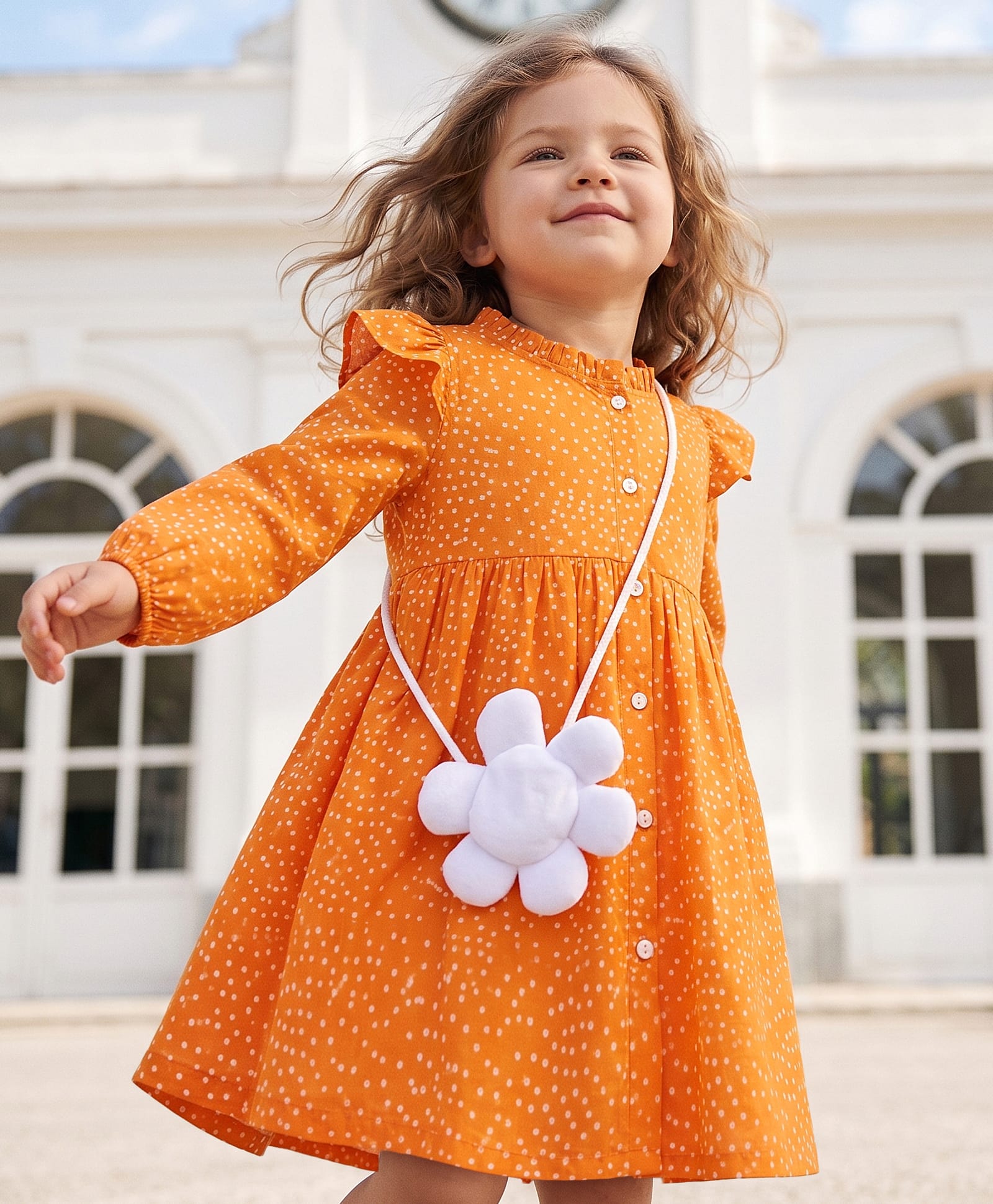 Babyhug Rayon Woven Full Sleeves Polka Dot Printed Dress - Orange-image-24