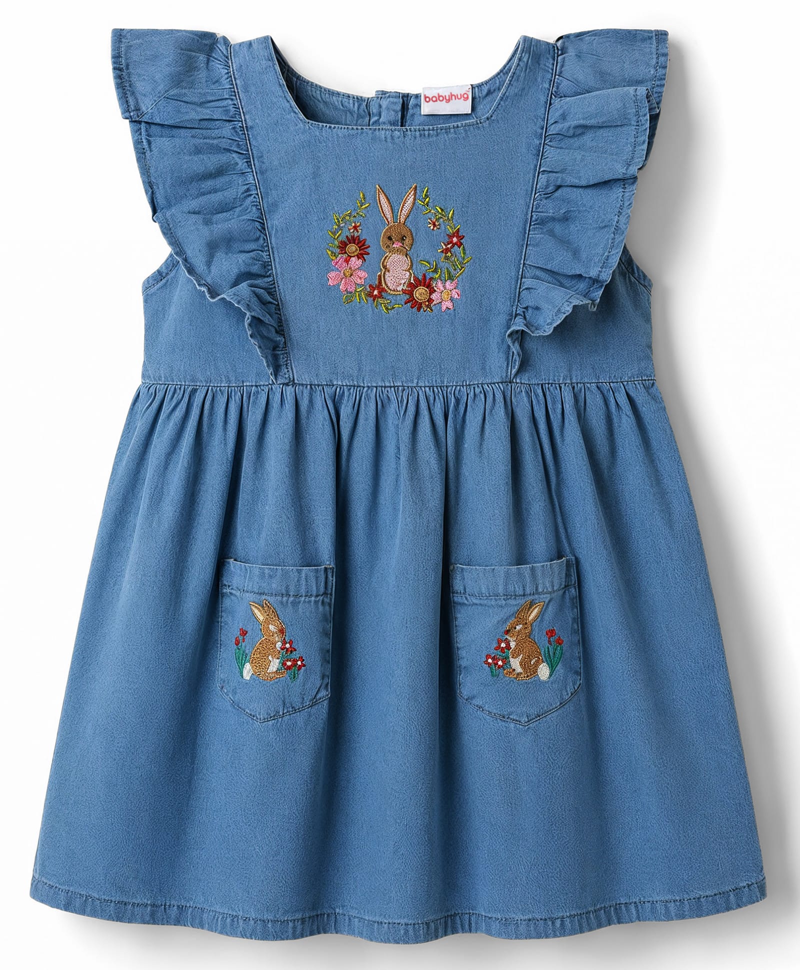 Babyhug Denim Woven Frill Sleeves Floral & Bunny Embroidered Frock - Blue-image-4