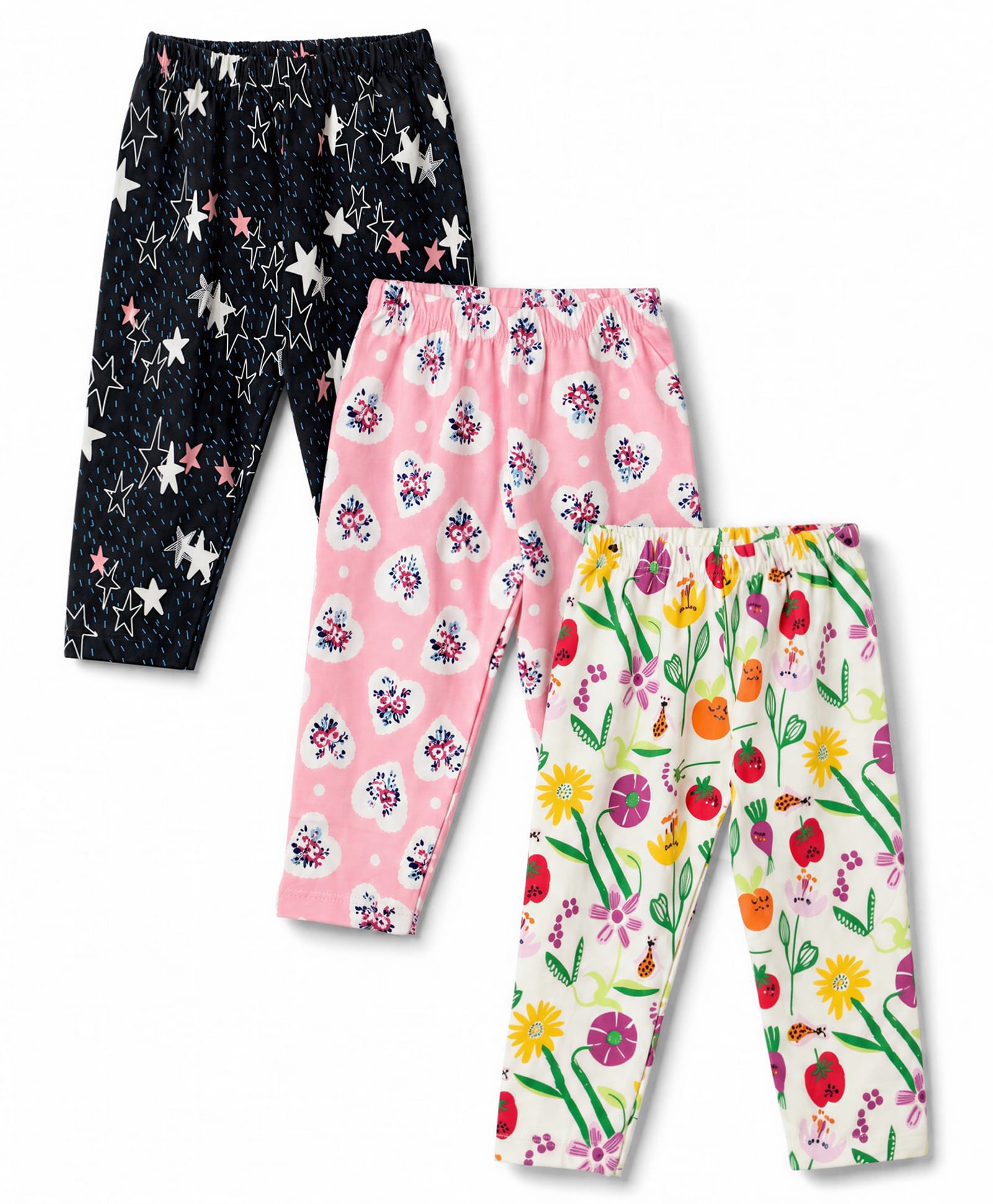 Cucumber Sinker Knit Full Length Star & Floral Print Leggings Pack of 3 - Peach Black & Cream-image-32