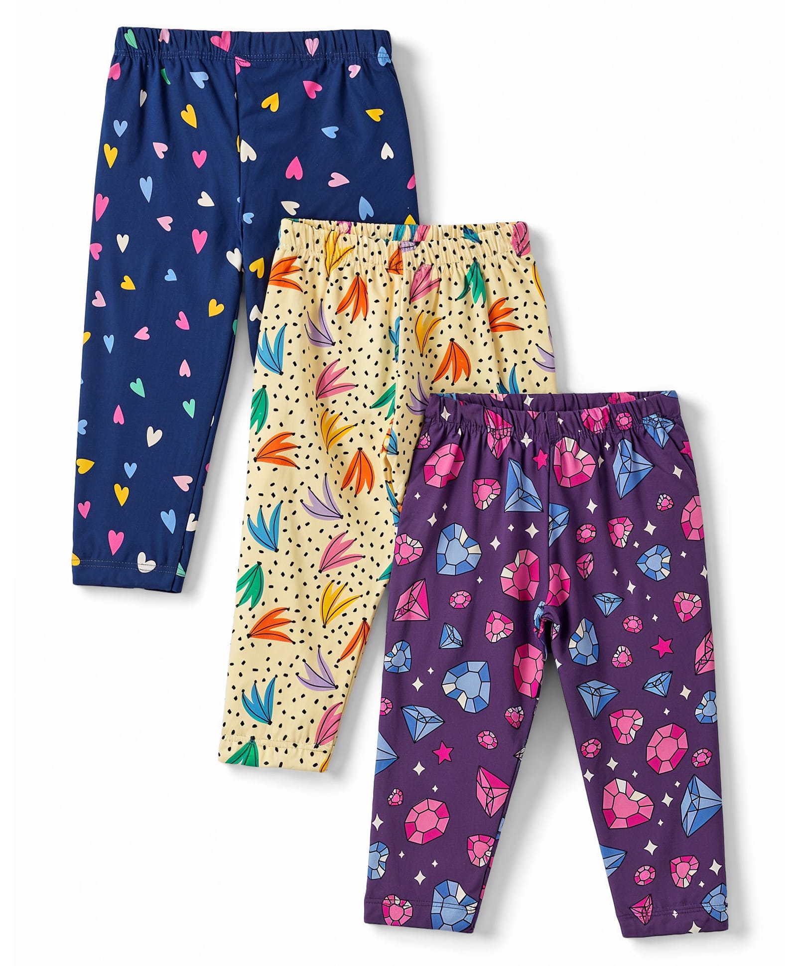 CUCUMBER Sinker Knit Full Length Heart Printed Leggings Pack of 3 - Navy Yellow & Purple-picture-24