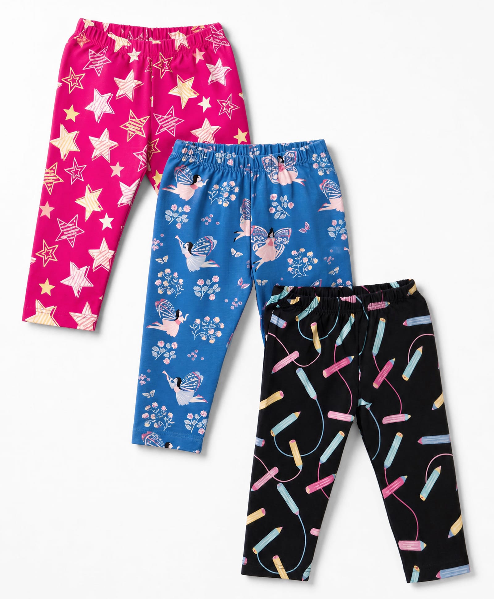 CUCUMBER Sinker Knit Full Length Floral Fairy & Star Printed Leggings Pack Of 3 - Red Black & Blue-image-9