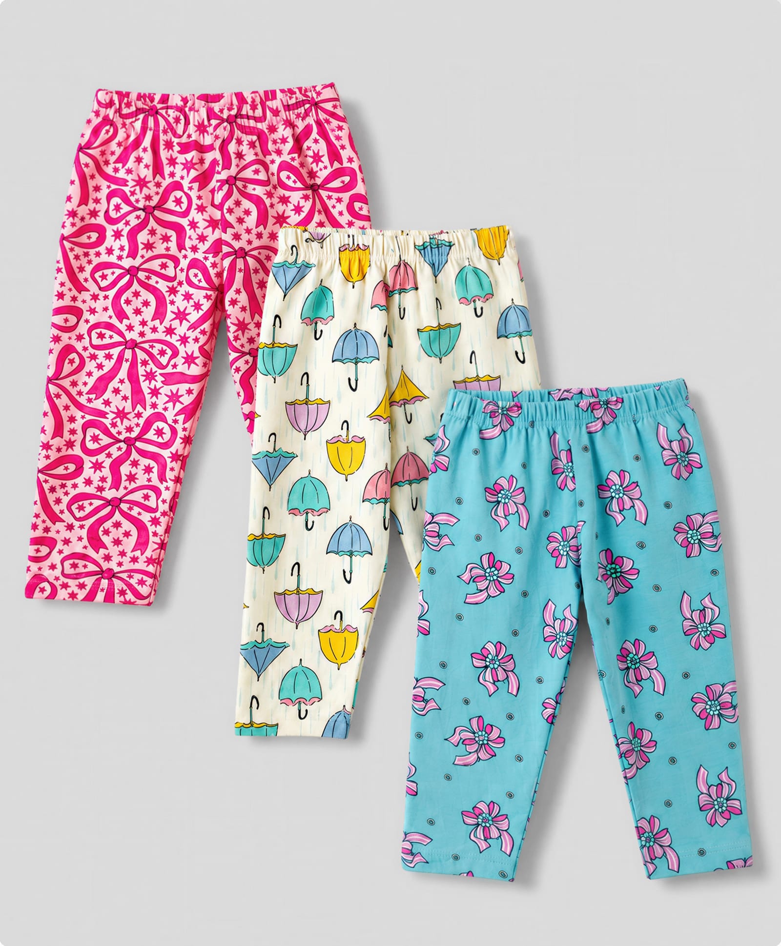 CUCUMBER Sinker Knit Full Length Floral & Umbrella Printed Leggings Pack Of 3 - Baby Pink Light Blue & Cream-picture-36