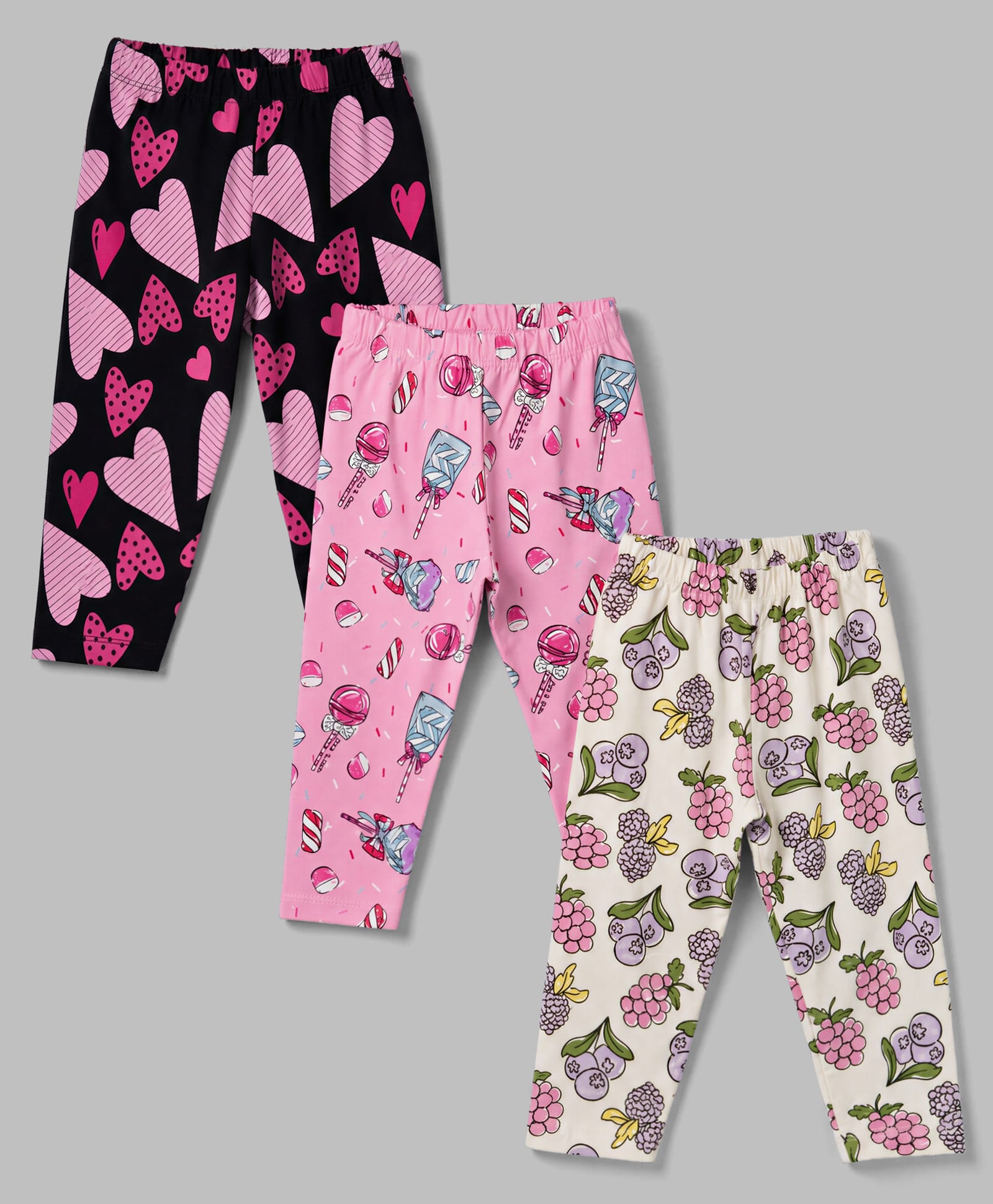 CUCUMBER Sinker Knit Full Length Heart & Fruits Printed Leggings Pack Of 3 - Pink Black & Cream-picture-37