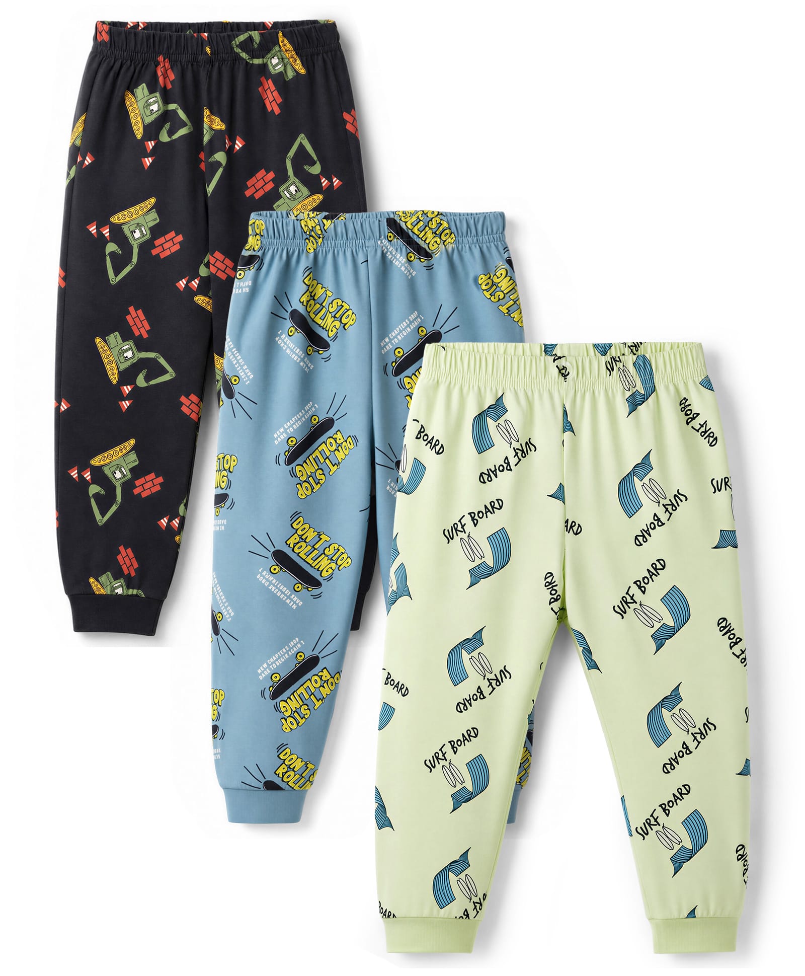 Cucumber Sinker Knit Full Length JCB Printed Lounge Pack of 3 -Black & Light Green-image-36