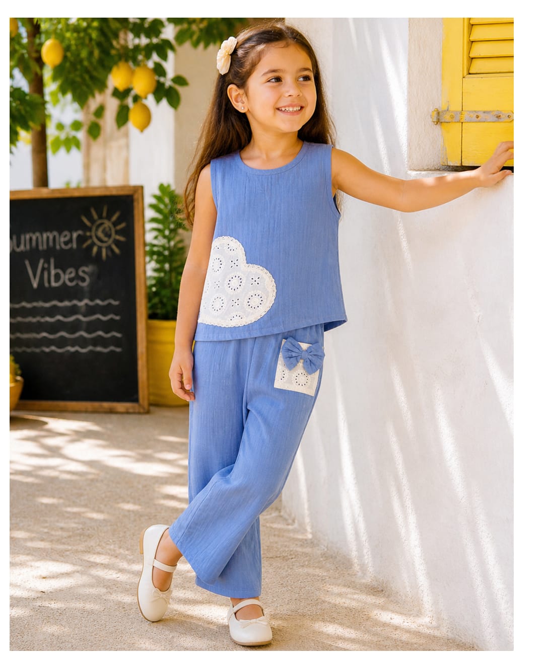 Qvink Cotton Woven Sleeveless Heart Patch Detailed Top & Pants Set - Blue-picture-35