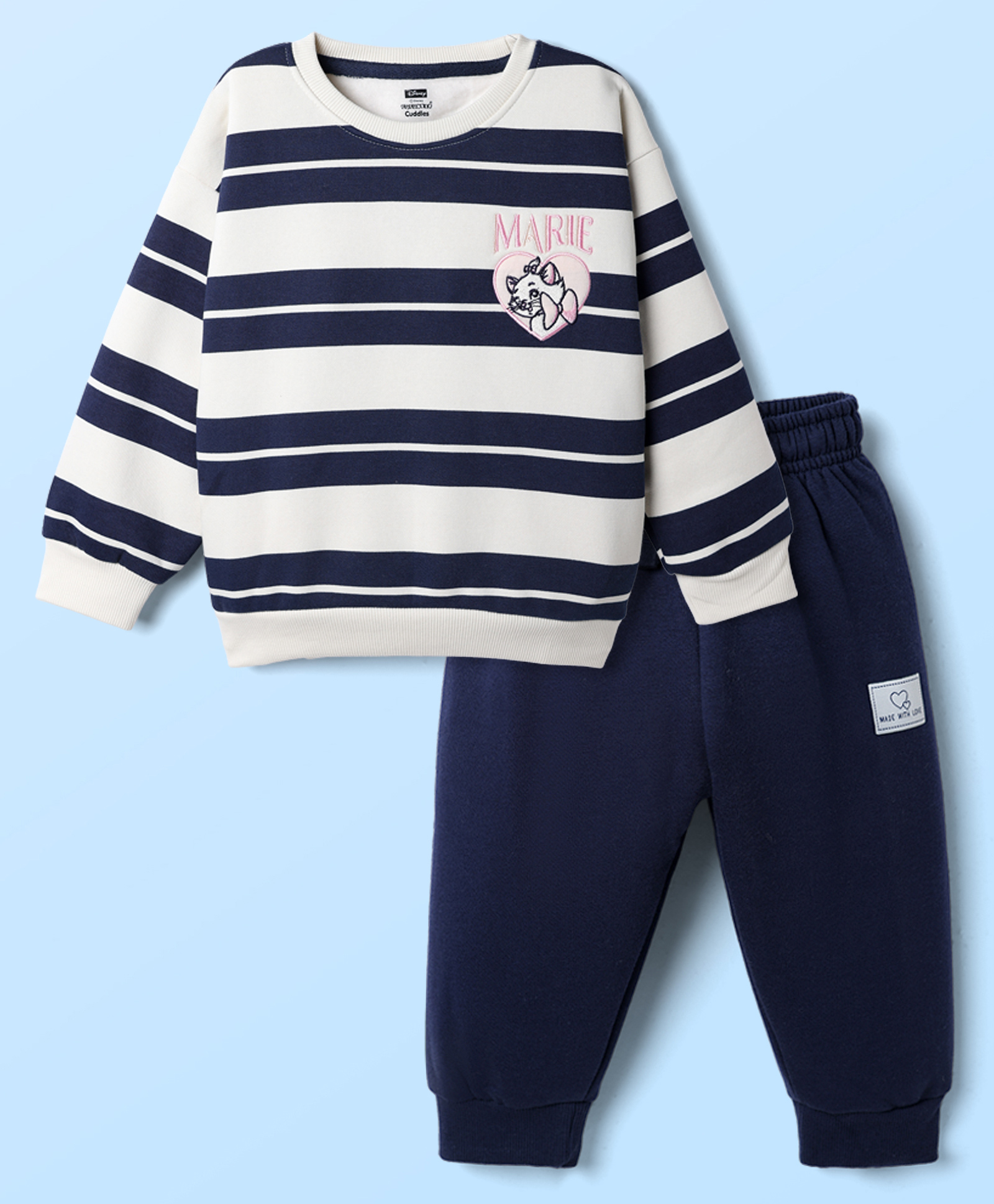 CUCUMBER Fleece Knit Full Sleeves Striped Winter Wear Suit Marie Patch - Navy Blue-image-48