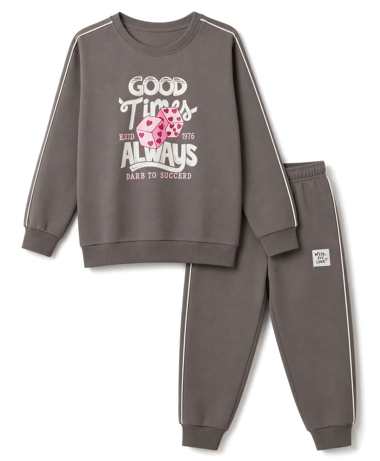 CUCUMBER Fleece Knit Full Sleeves Fleece Winter Wear Suit Text & Heart Print - Grey-picture-24