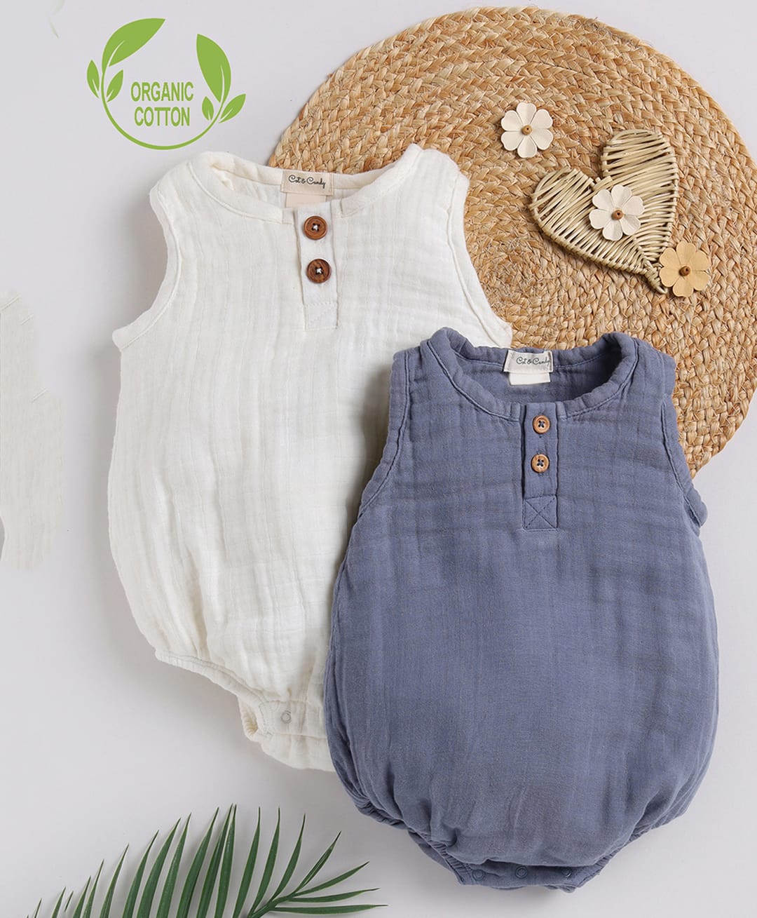 Cot & Candy Muslin Woven Pack Of 2 Sleeveless Solid Onesie - White-picture-20