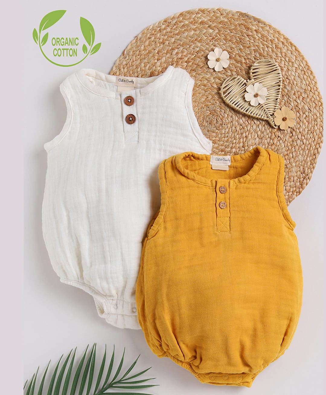 Cot & Candy Muslin Woven Pack Of 2 Sleeveless Solid Onesie - White and Mustard-picture-26