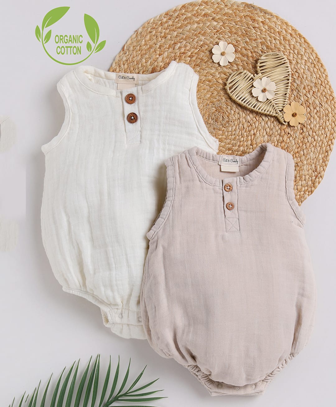 Cot & Candy Muslin Woven Pack Of 2 Sleeveless Solid Onesie - White & Peach-picture-22