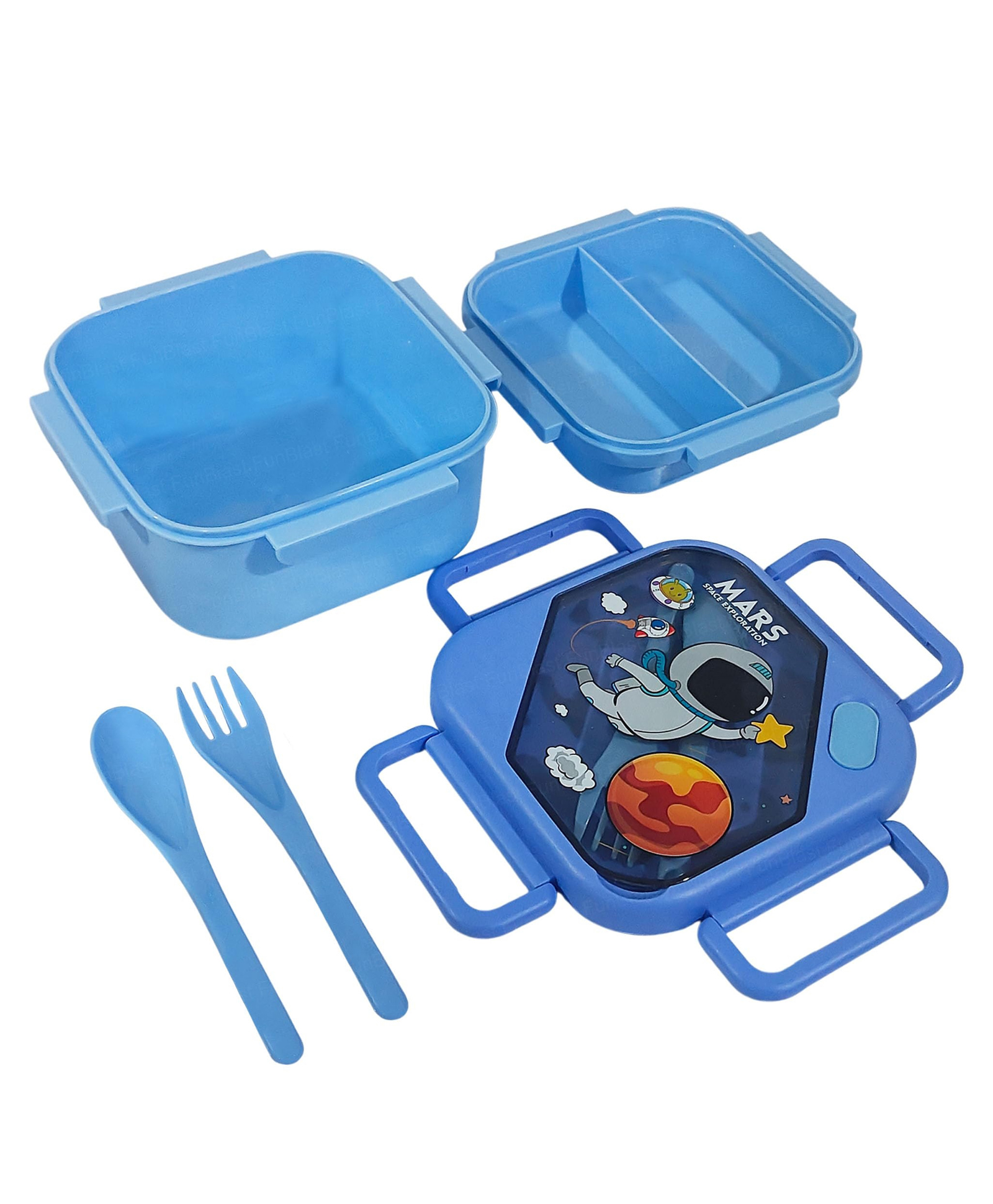 FunBlast Space Print Double Layer Bento Lunch Box with Spoon & Fork for Kids Pack of 1 Multicolor-image-11
