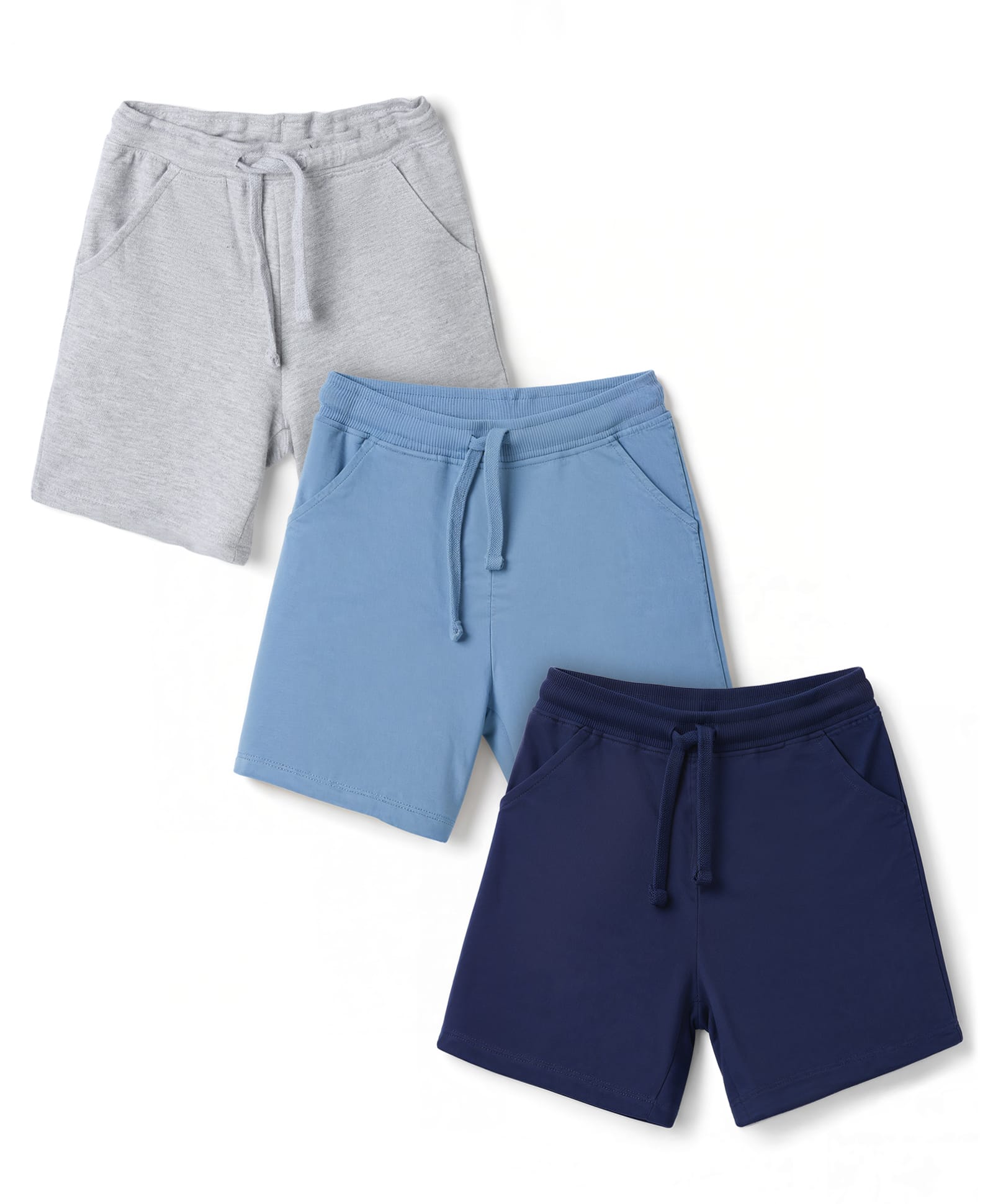 Honeyhap Premium 100% Cotton Terry Looper Knit Solid With Bio Finish Shorts Pack of 3 - Navy Peony/Blissful Blue/White Melange-image-20