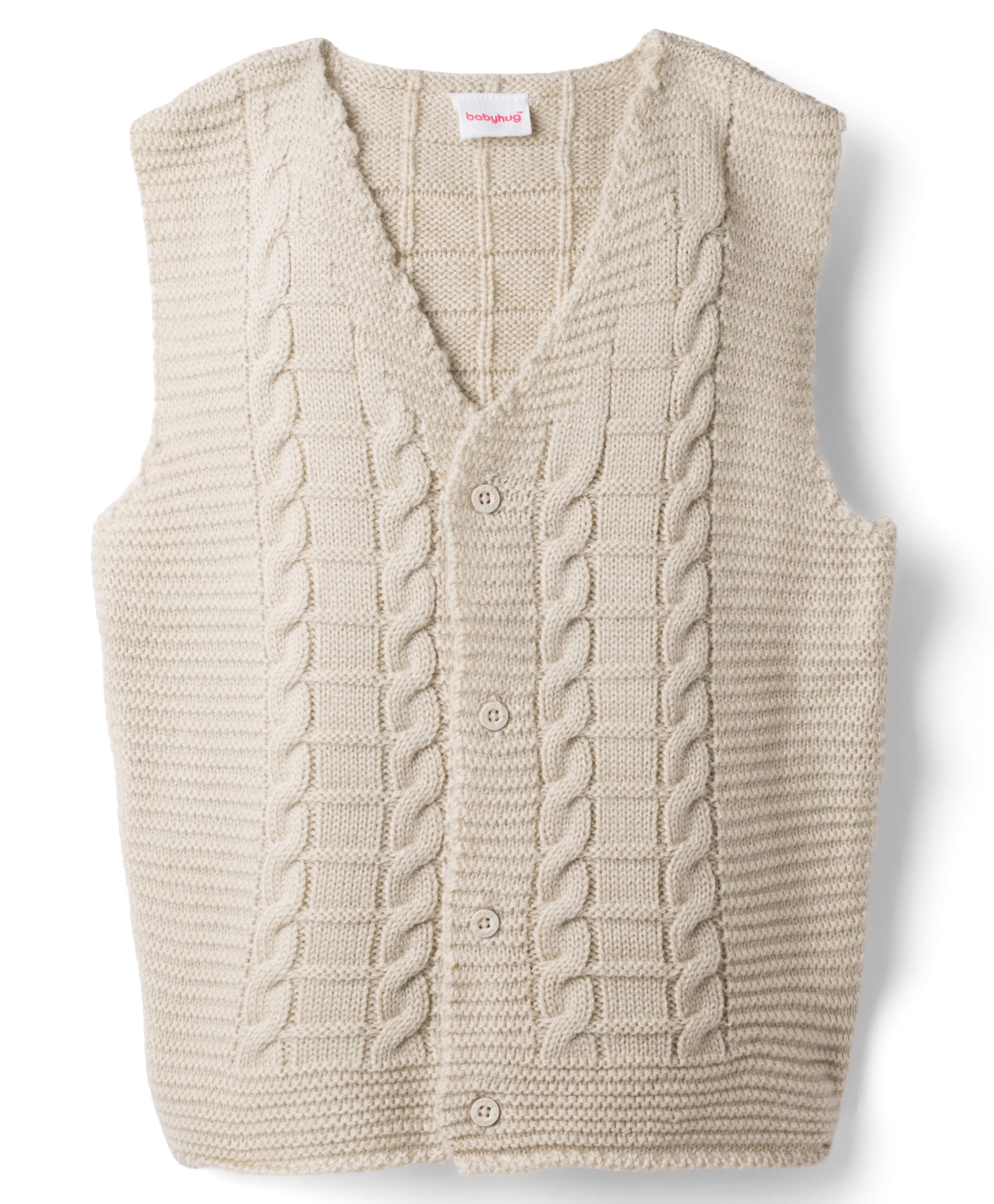 Babyhug Knit Sleeveless Front Open Solid Colour Sweater with Cable Knit Design - Beige-picture-20