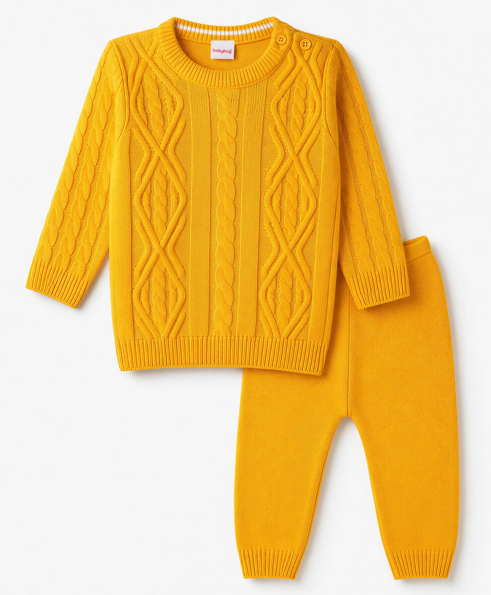 Babyhug Knit Full Sleeves Solid Sweater Set - Yellow-image-29