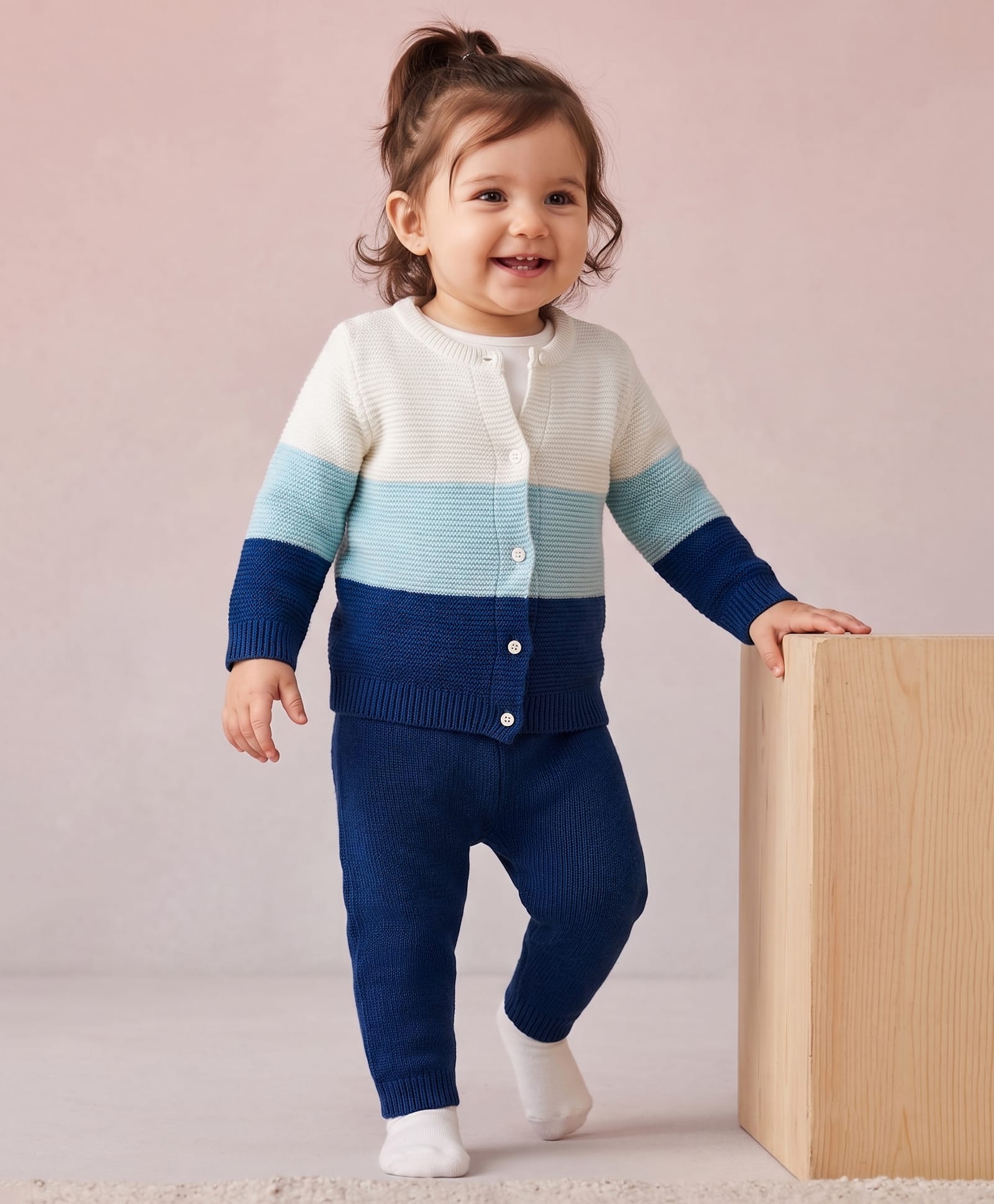 Babyhug Knit Full Sleeves Striped Sweater Set - Blue & White-picture-28