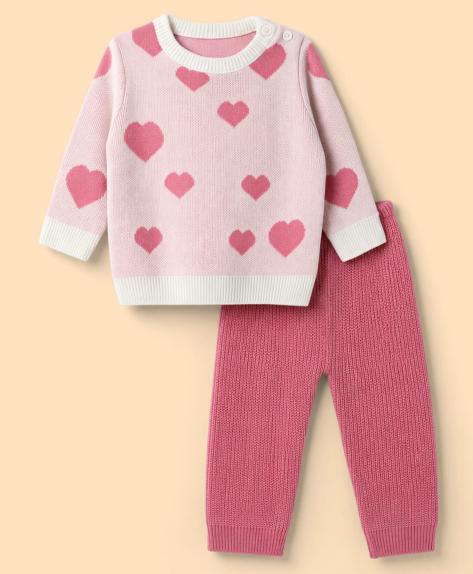 Babyhug Knit Full Sleeves Sweater Set With Hearts Design - Pink & White-image-20