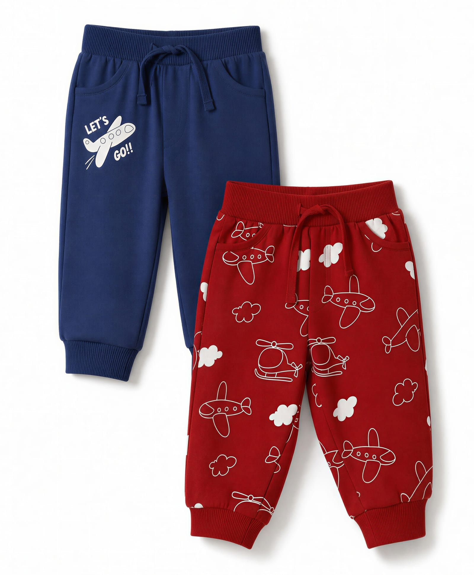 Doodle Poodle 100% Cotton Knit Full Length Aeroplane Printed Lounge Pants Pack Of 2 - Navy Blue & Maroon-image-6