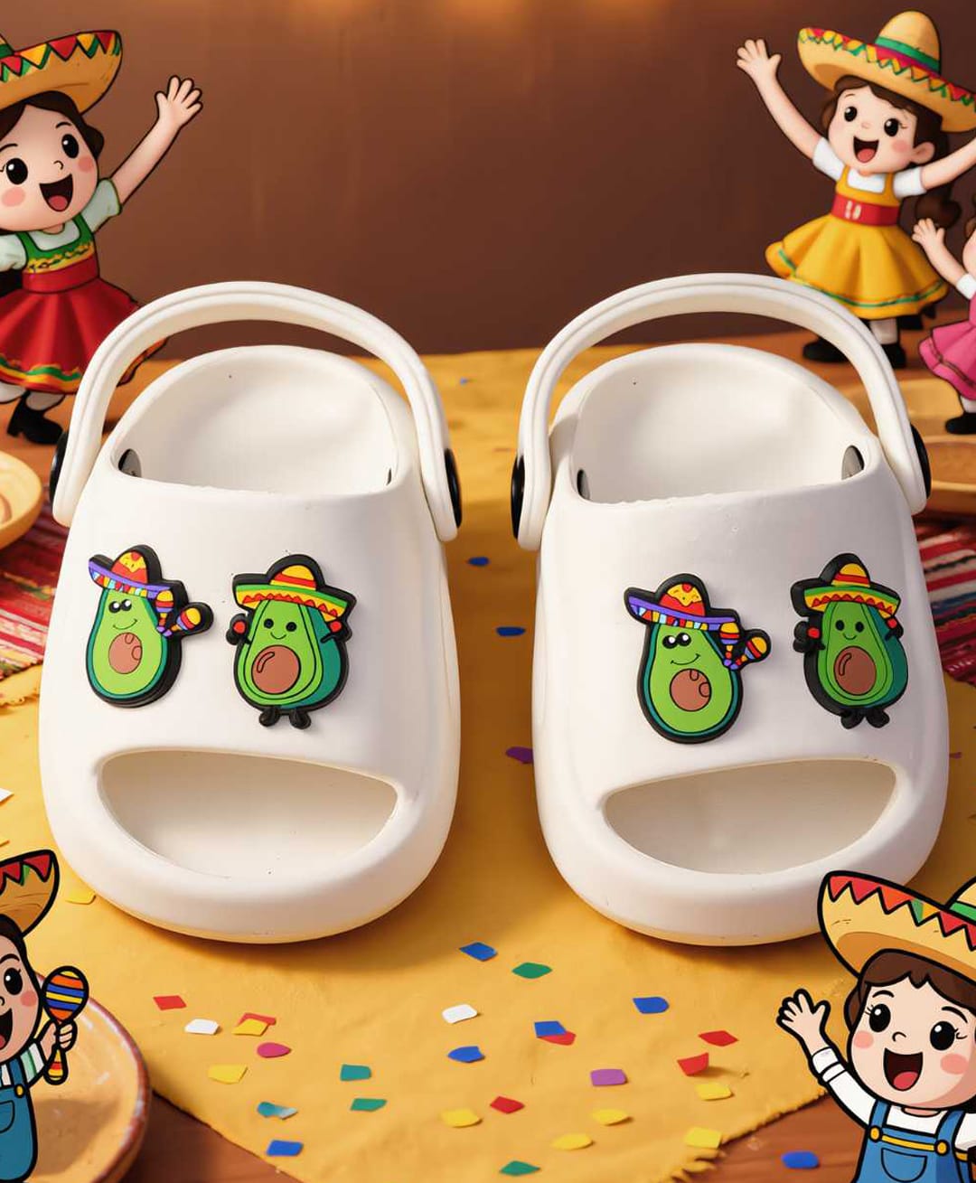Yellow Bee Avocado Applique Detailed Slingback Sandals - White-image-34