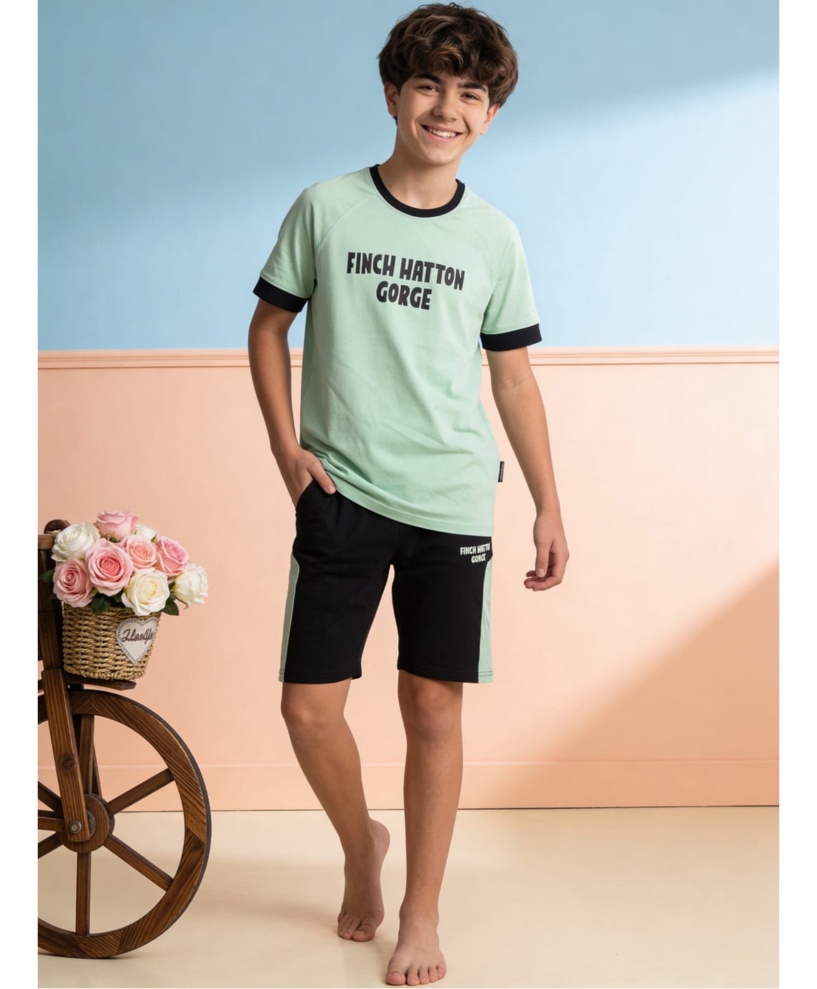 Lil Tomatoes Cotton Knit Half Sleeves Finch Hatton Gorge Text Printed Tee & Shorts Night Suit - Light Green-image-47