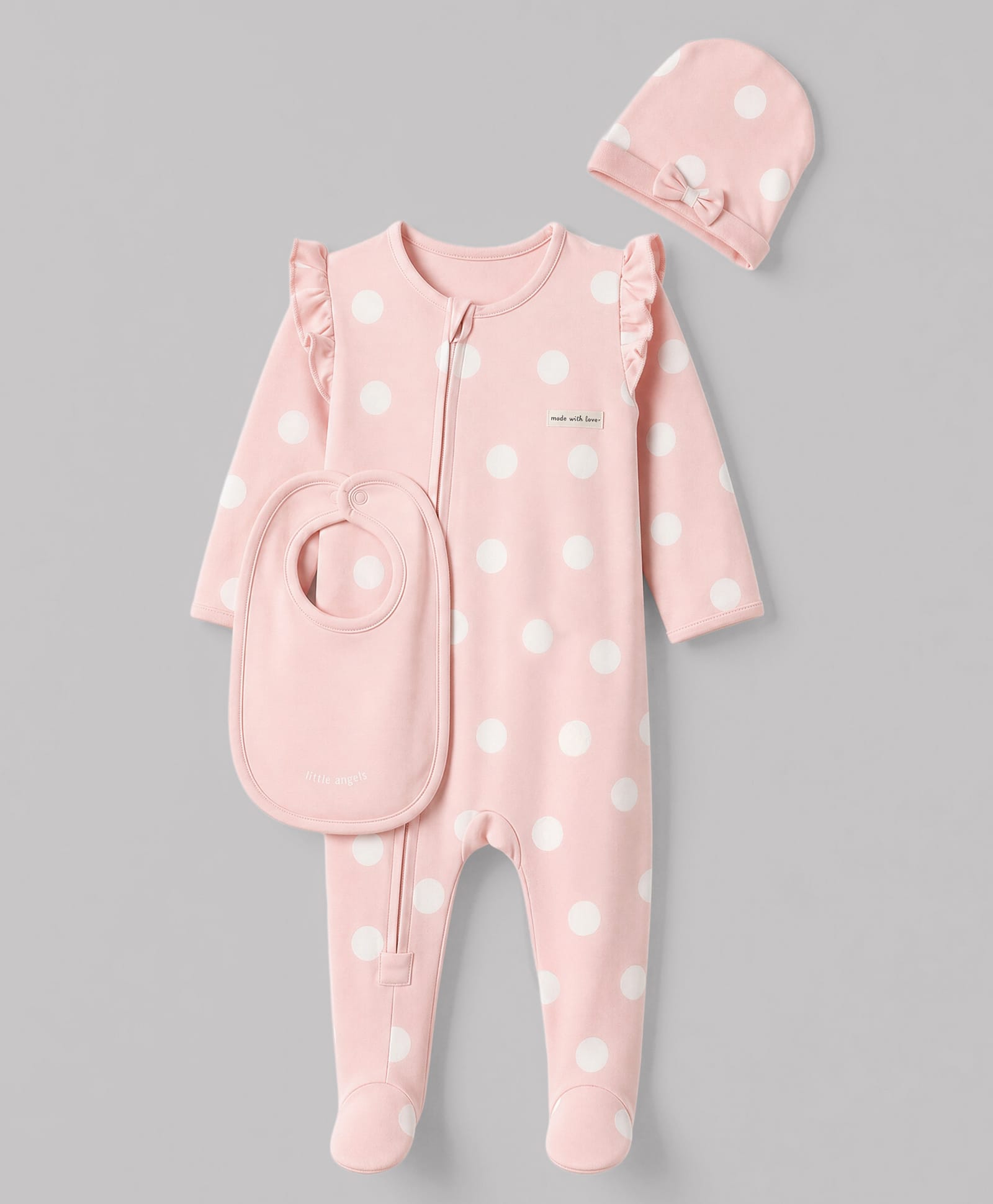 Bonfino 100% Cotton Knit Full Sleeves Polka Dots Printed Sleep Suit with Cap & Bibs - Pink-picture-18