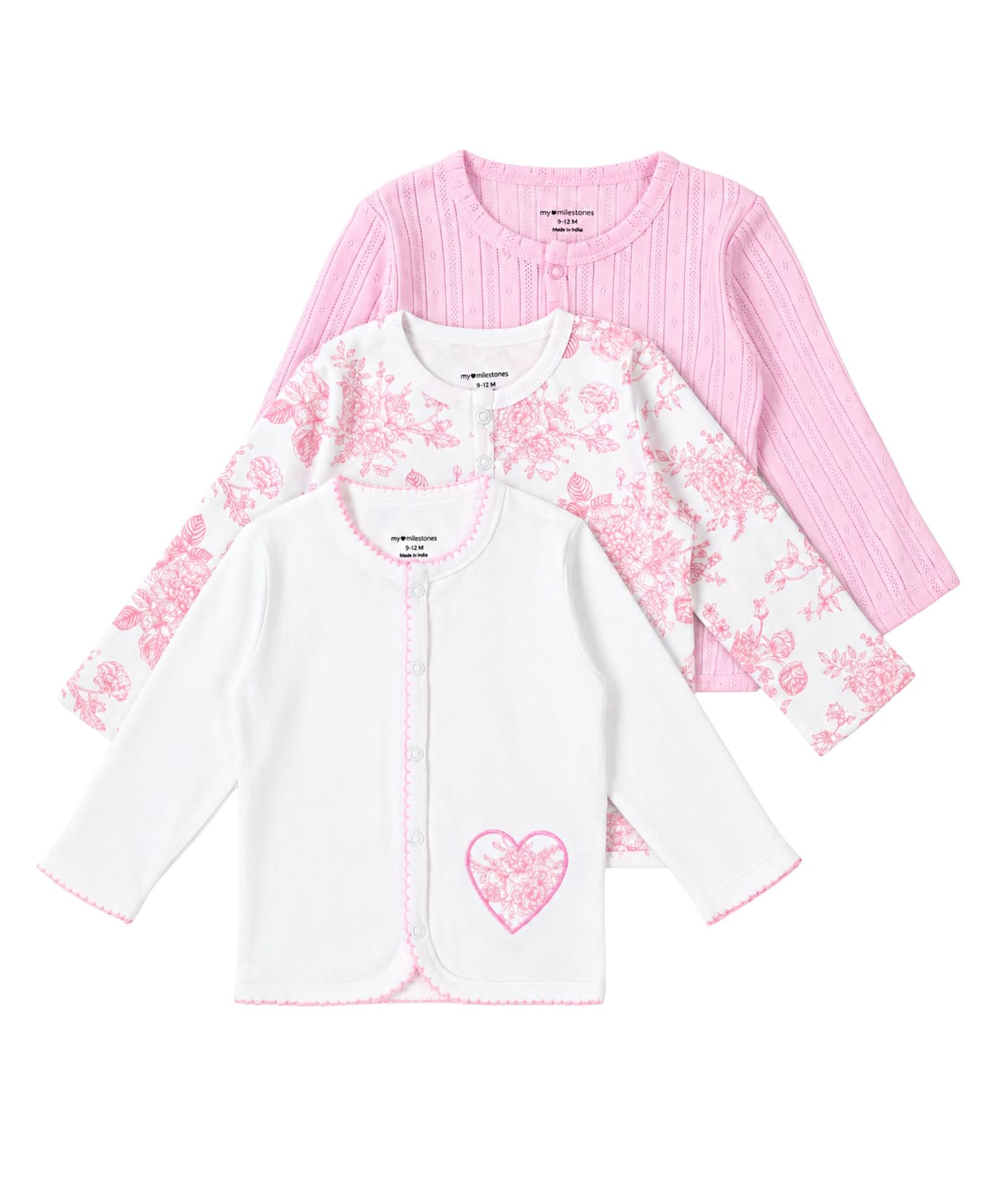 My Milestones 100% Cotton Knit Pack Of 3 Full Sleeves Floral Printed Jhablas - White & Pink-picture-49