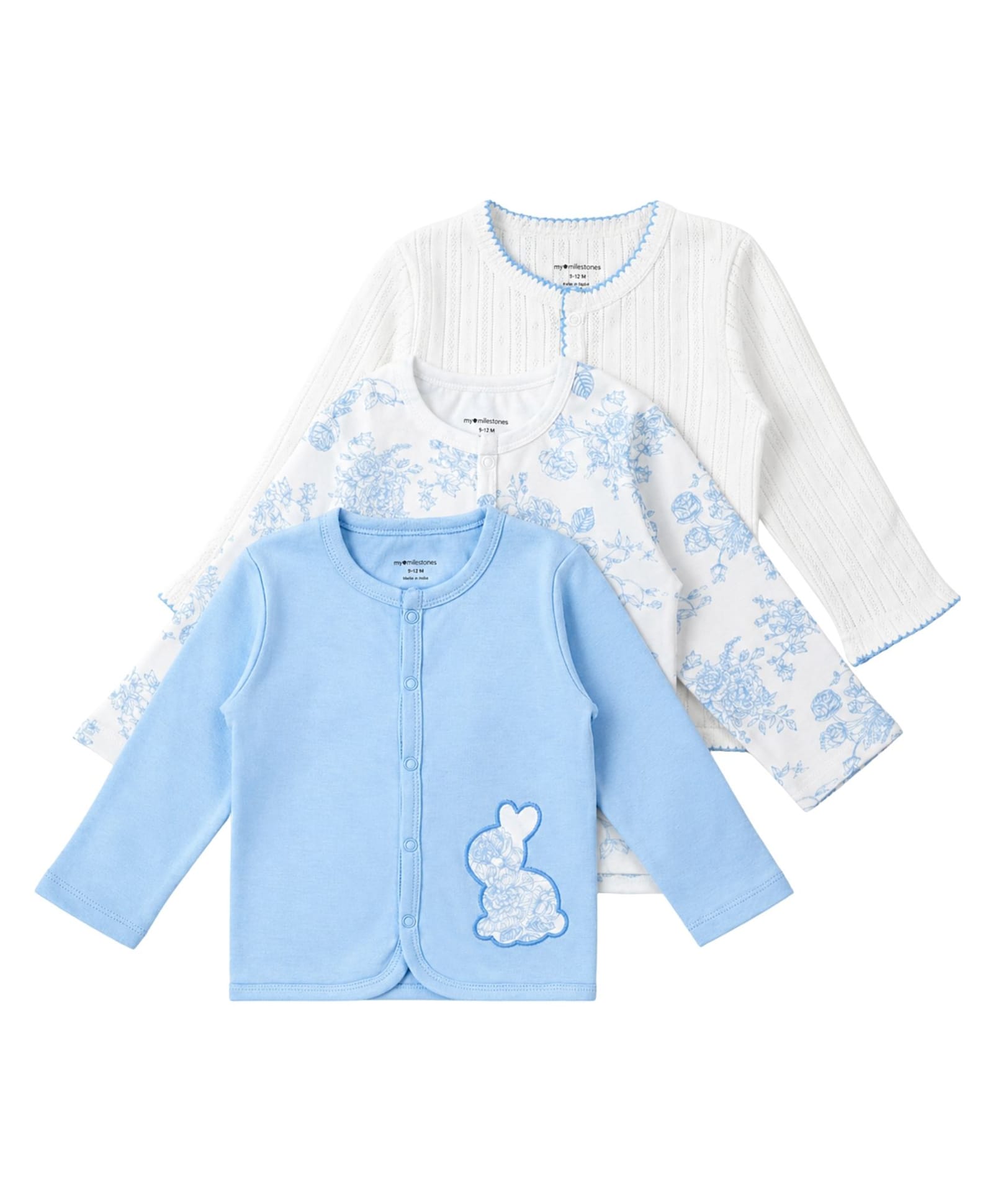My Milestones 100% Cotton Knit Pack Of 3 Full Sleeves Floral Printed Jhablas - White & Blue-picture-43