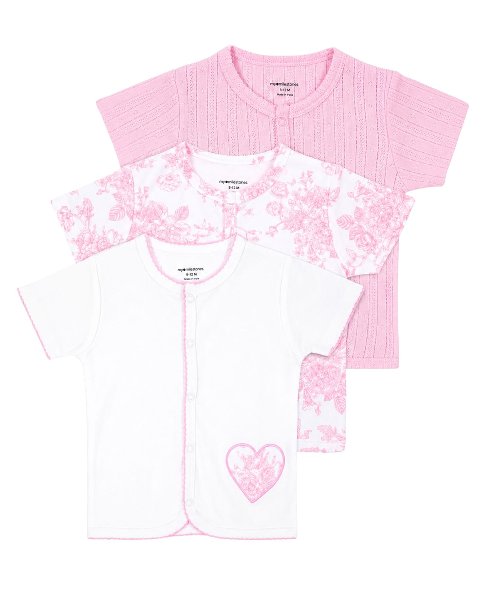My Milestones 100% Cotton Knit Pack Of 3 Half Sleeves Floral Printed Jhablas - White & Pink-picture-15