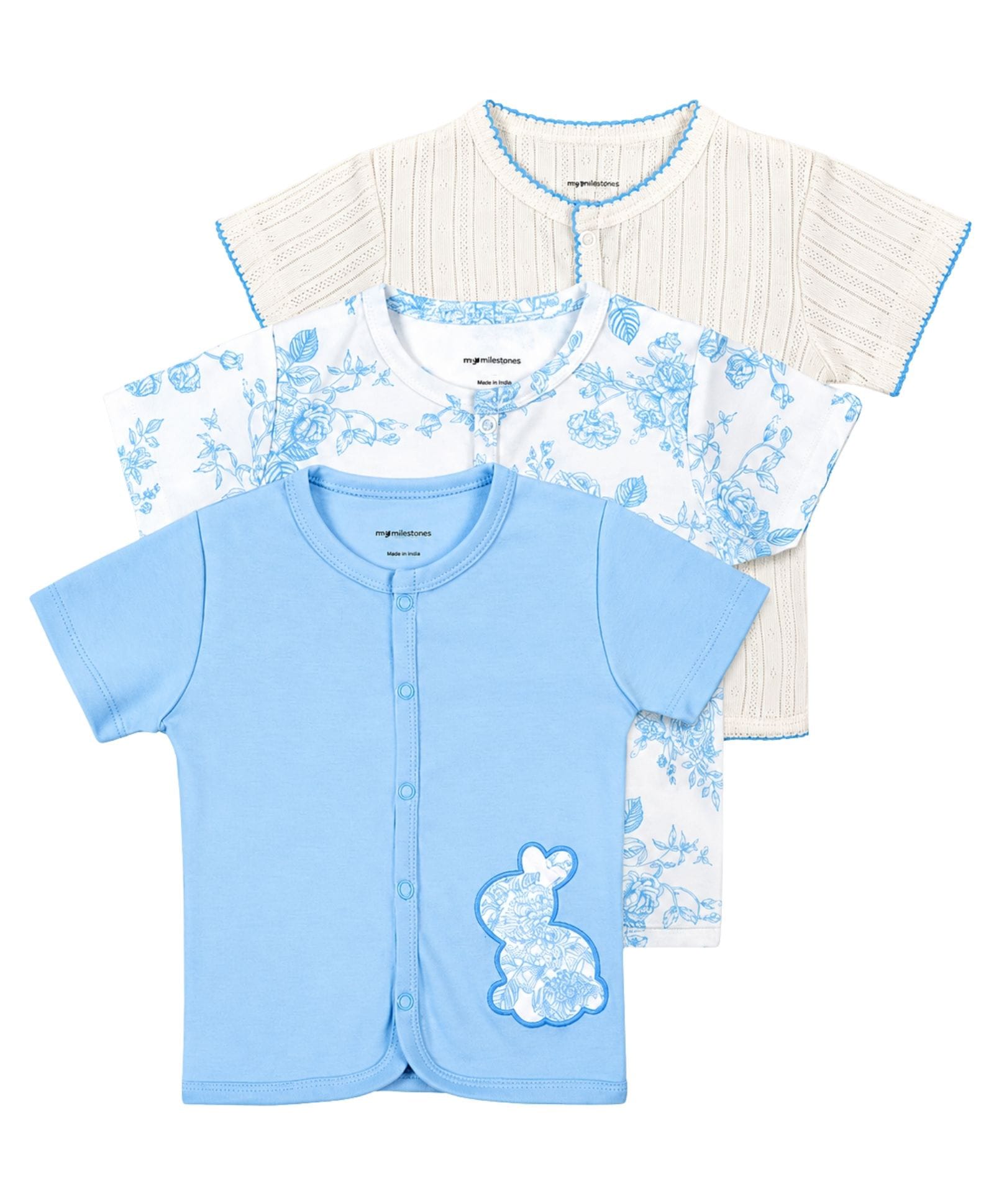 My Milestones Cotton Knit Pack Of 3 Half Sleeves Solid & Floral Printed Tees - White & Blue-picture-15
