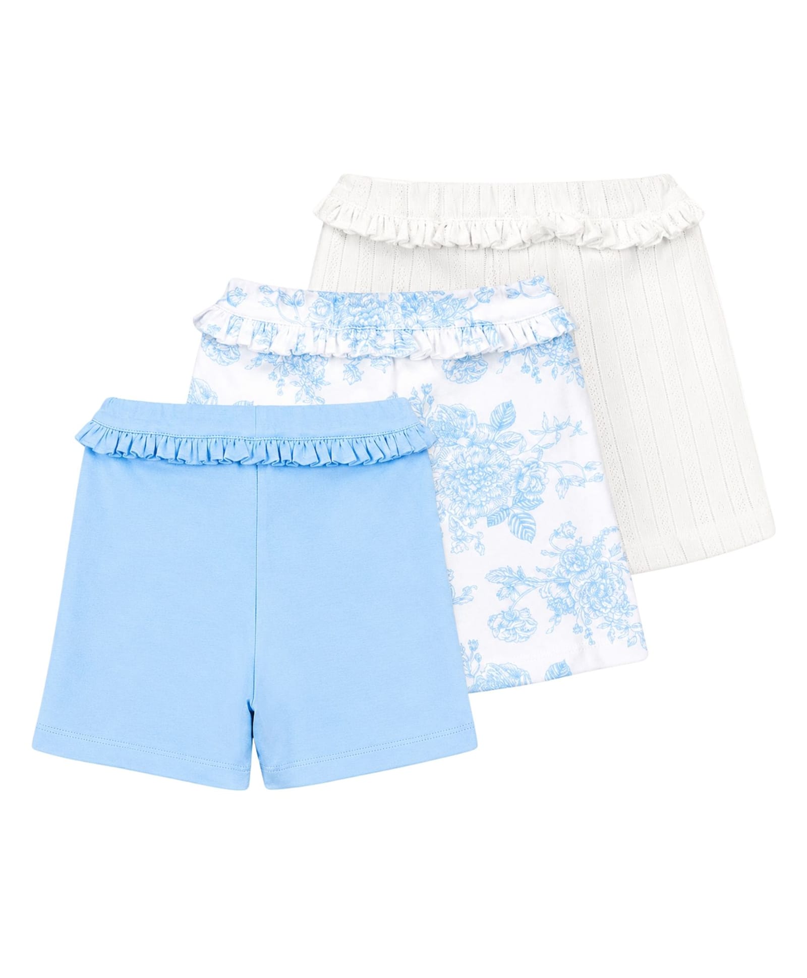My Milestones 100% Cotton Knit Pack of 3 Floral Printed & Solid Shorts - White & Blue-picture-14