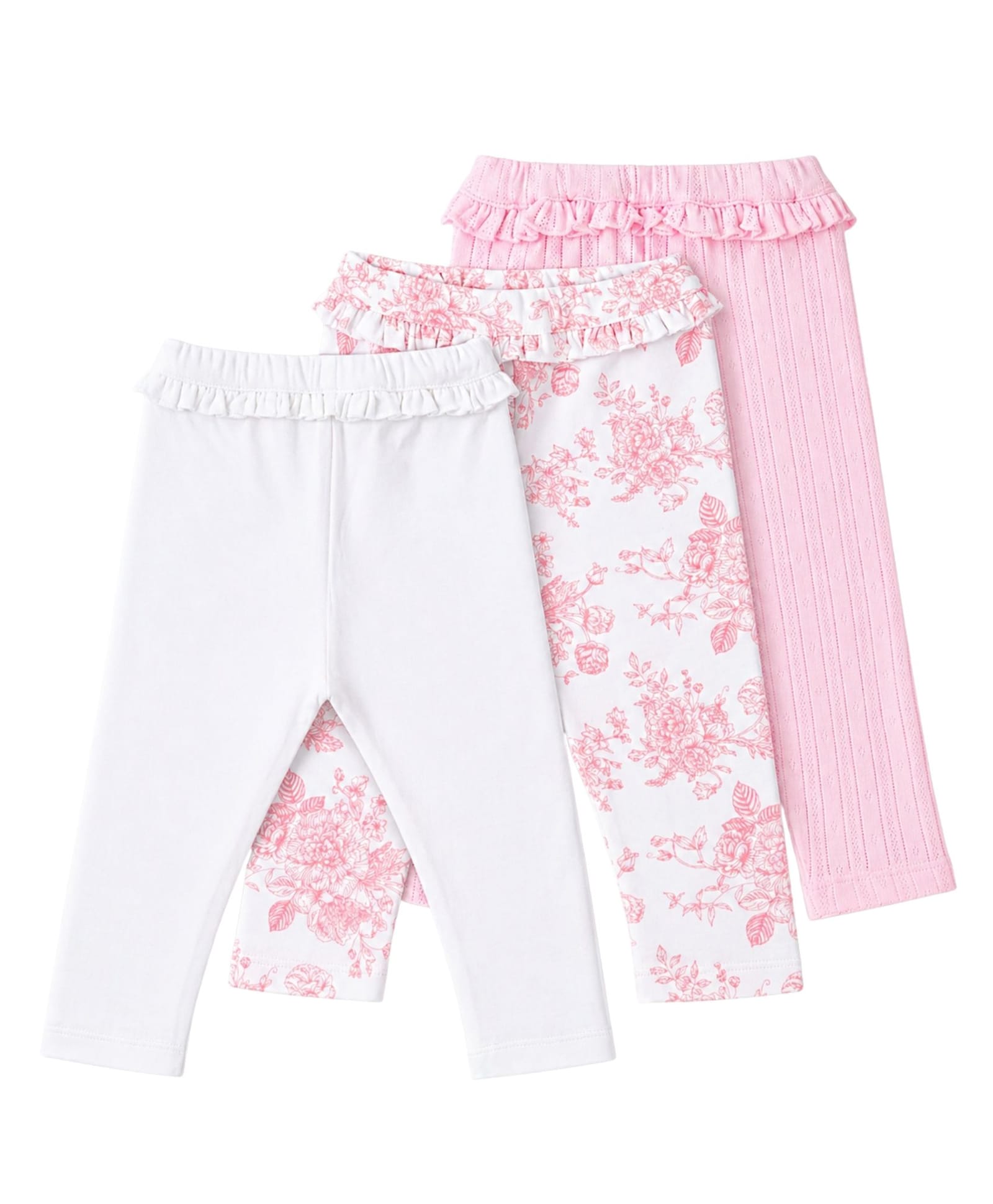 My Milestones 100% Cotton Knit Pack of 3 Floral Printed & Solid Leggings - White & Pink-picture-39