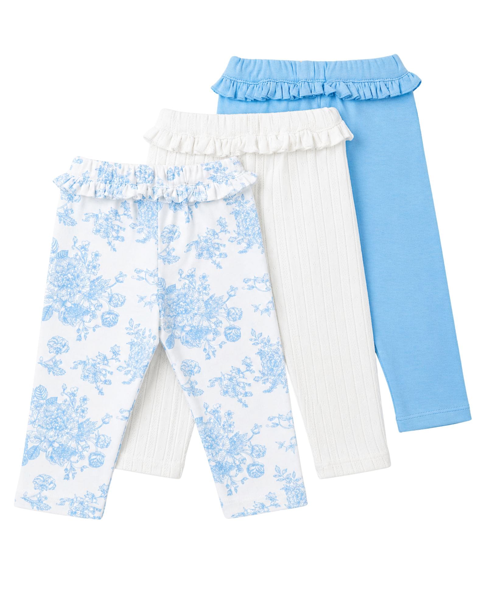 My Milestones 100% Cotton Knit Pack of 3 Floral Printed & Solid Leggings - White & Blue-picture-28