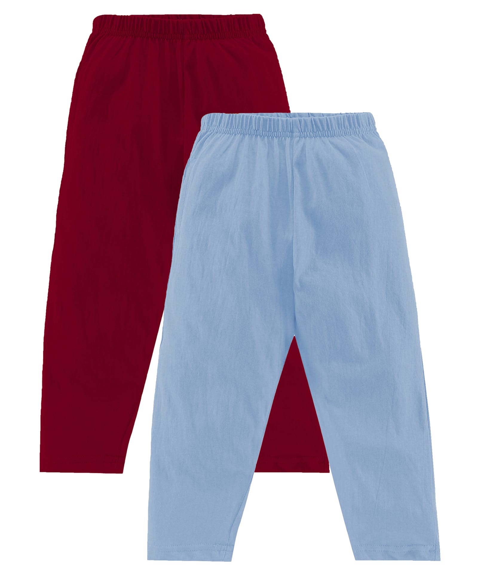 Kiddopanti Cotton Knit Ankle Length Solid Colour Pajamas With Single Pocket Pack of 2 - Dark Red & Light Blue-picture-15