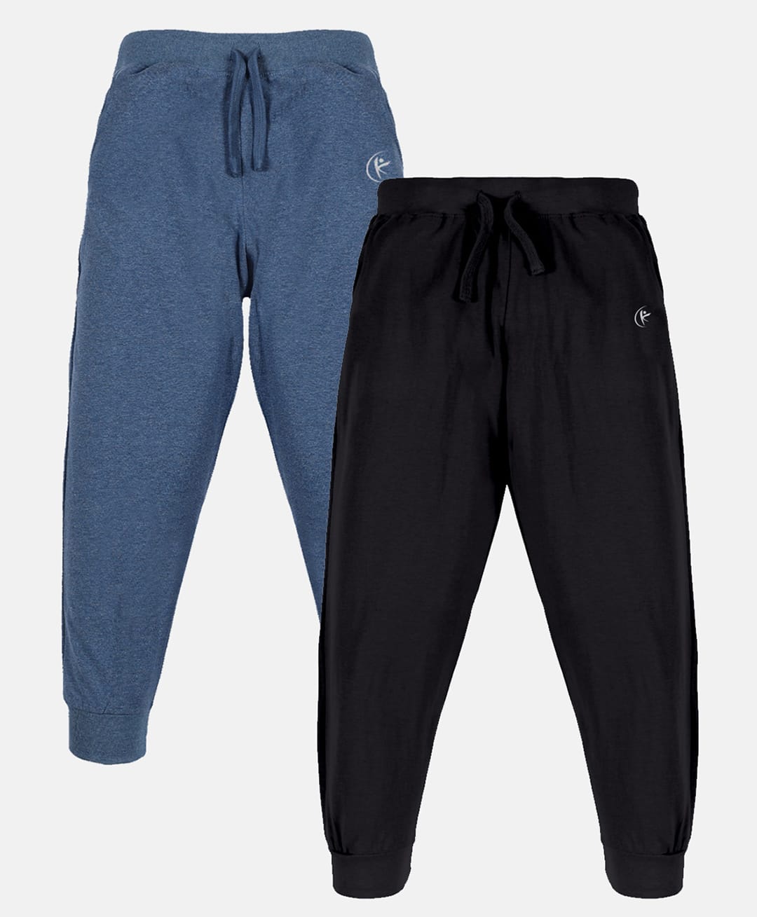 Kiddopanti Cotton Knit Ankle Length Solid Colour Track Pant Pack of 2 - Black & Blue-picture-25