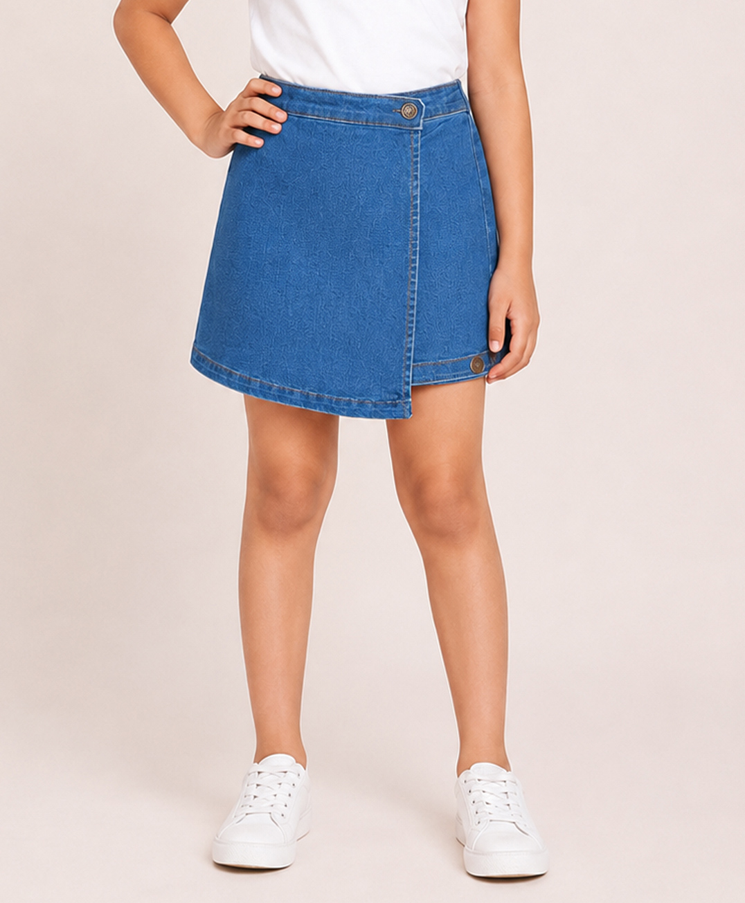 Kiddopanti Denim Woven Solid Color Over Lap MId Wash Skorts - Blue-picture-36