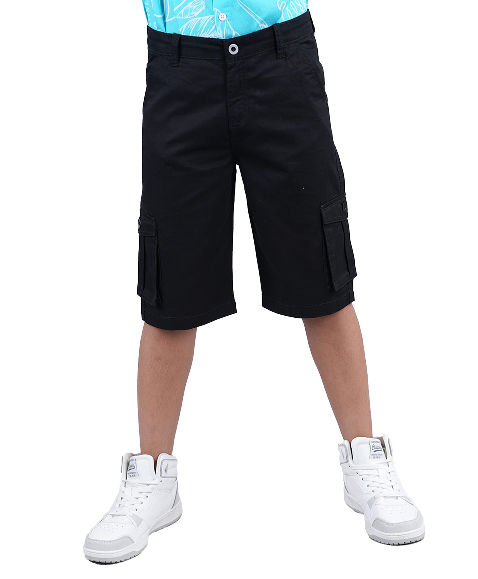 Kiddopanti Cotton Woven Twill Knee Length Solid Cargo Short - Black-picture-21