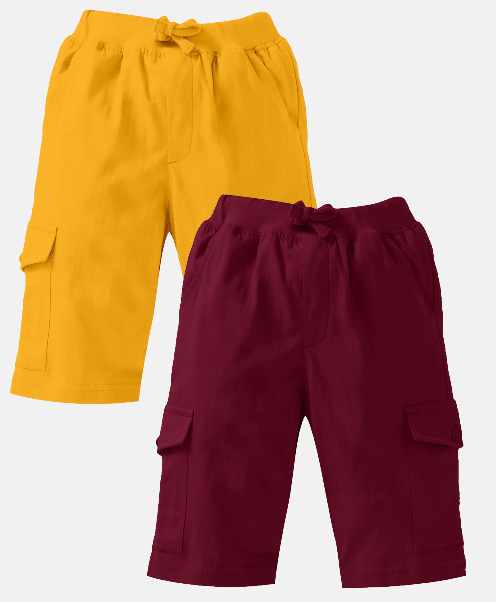Kiddopanti Cotton Knit Knee Length Solid Color Cargo Shorts Pack Of 2 - Mustard Yellow & Wine-image-11