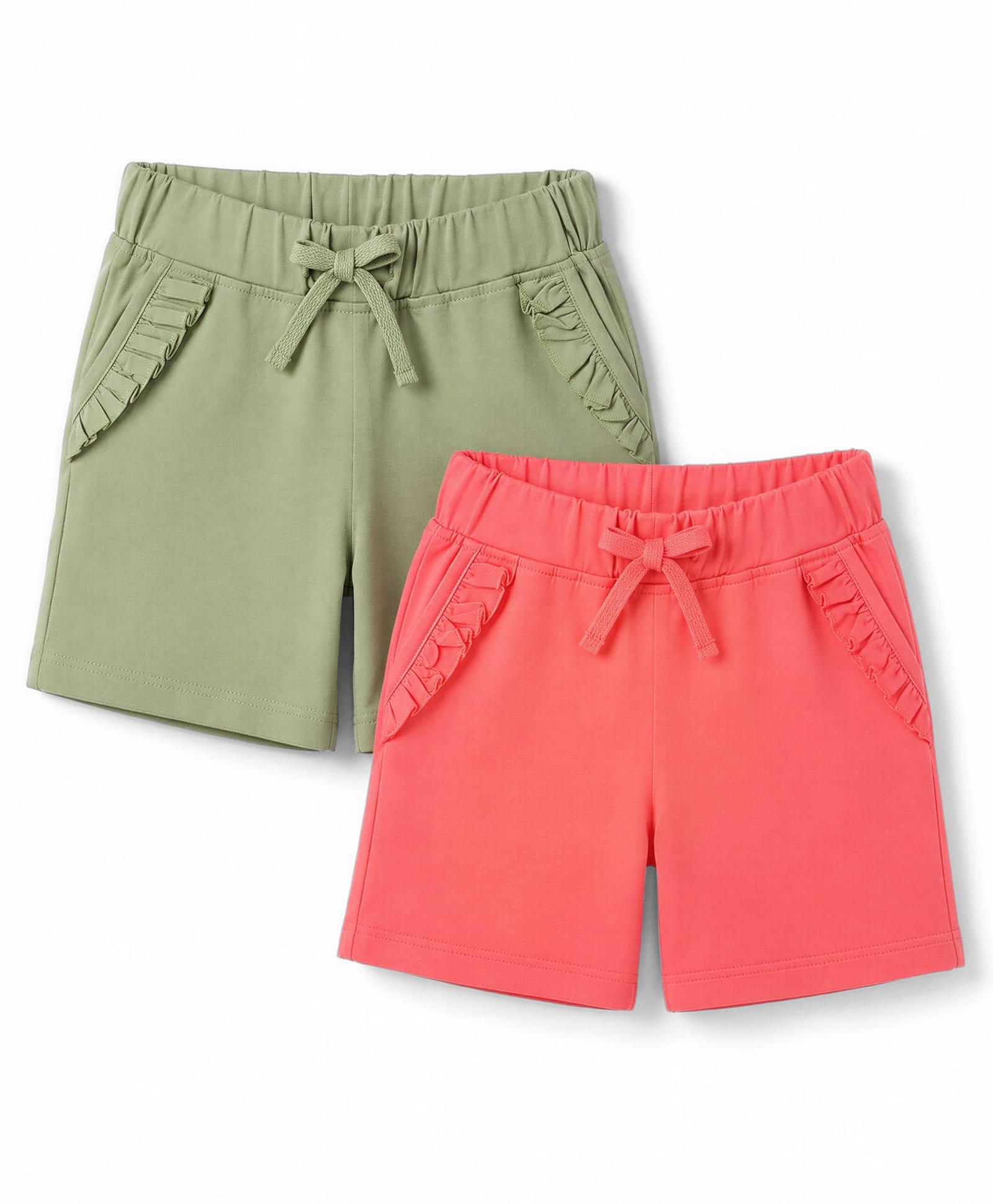 Kiddopanti Cotton Knit Solid Color Frill Pocket Hot Shorts Pack Of 2 - Peach & Light Green-picture-15