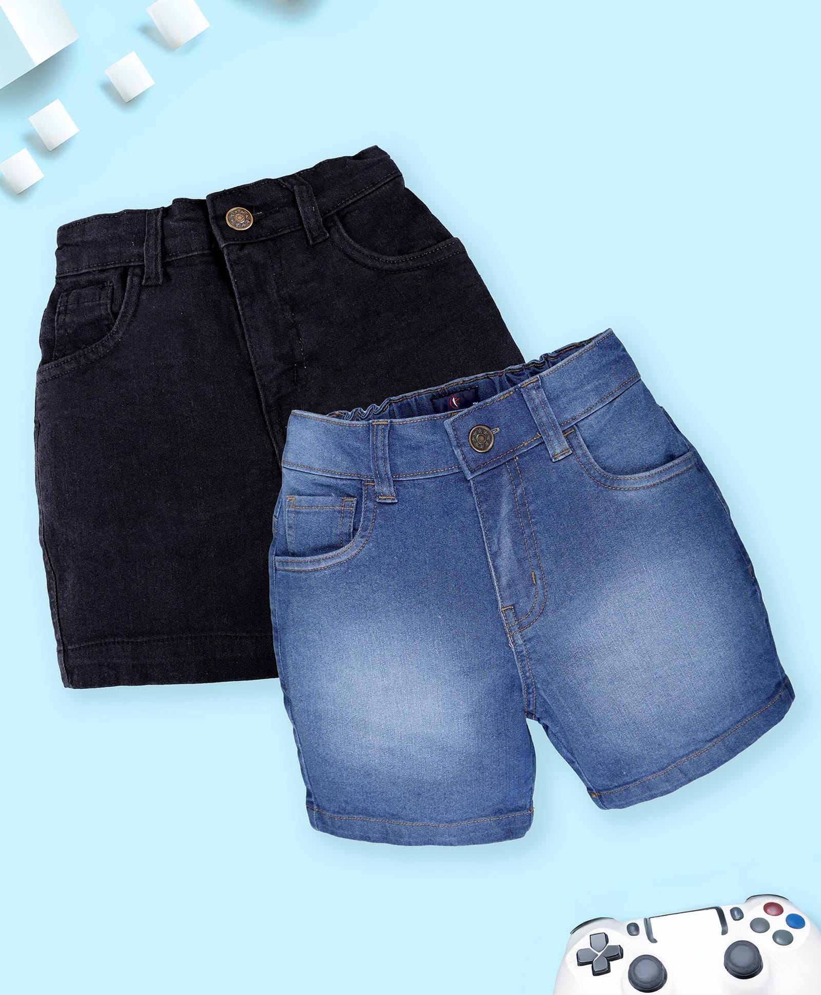 Kiddopanti Denim Woven Solid Color Shorts Pack of 2 - Black & Blue-picture-32