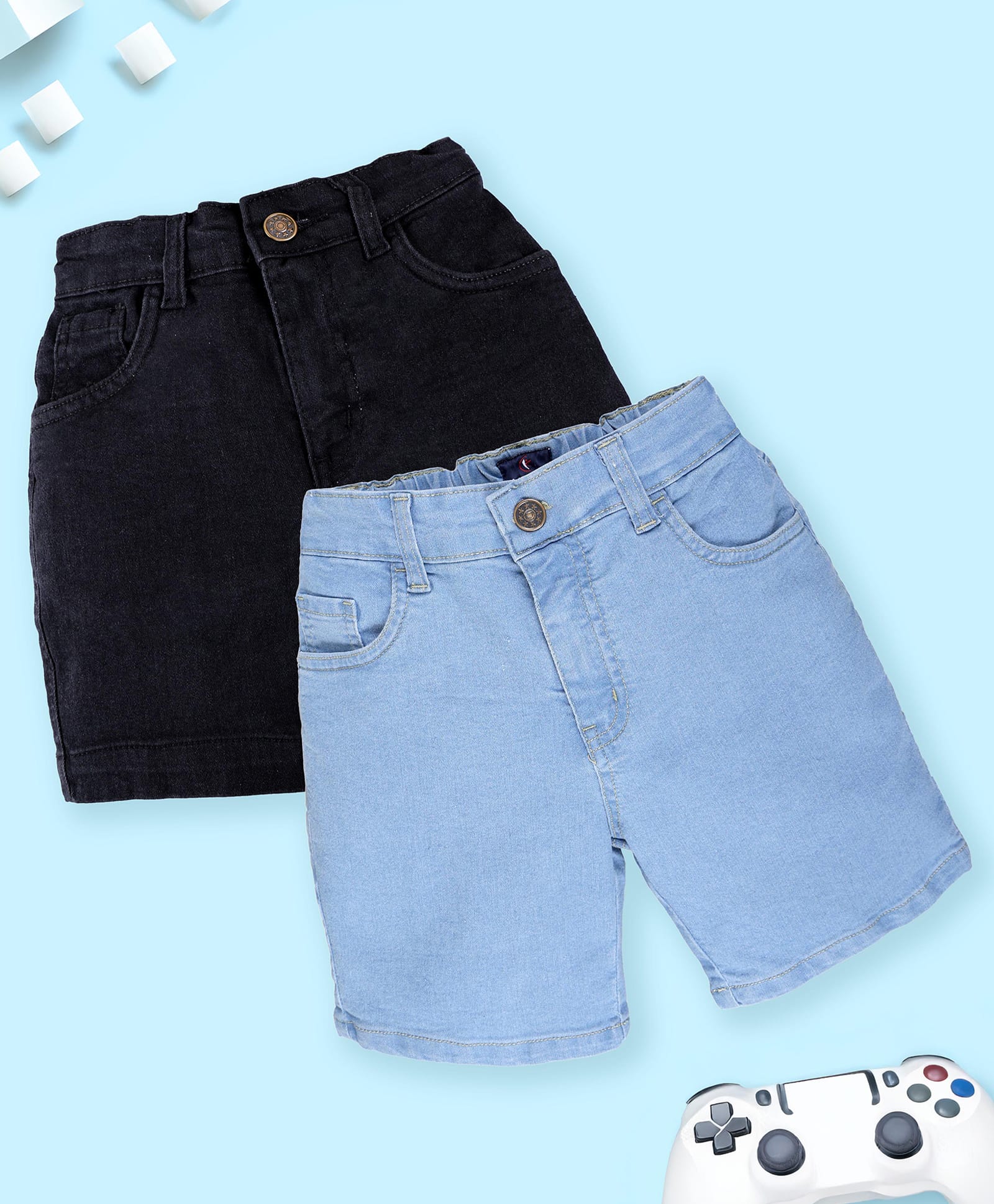 Kiddopanti Denim Woven Solid Color Shorts Pack of 2 - Black & Blue-picture-35