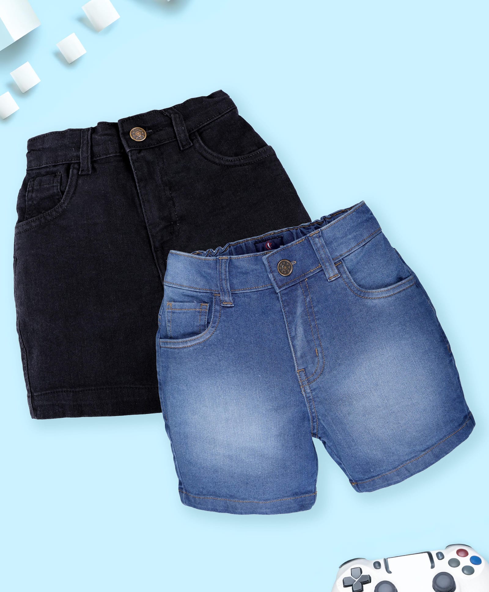 Kiddopanti Denim Woven Mid Wash Solid Shorts - Black & Blue-picture-36