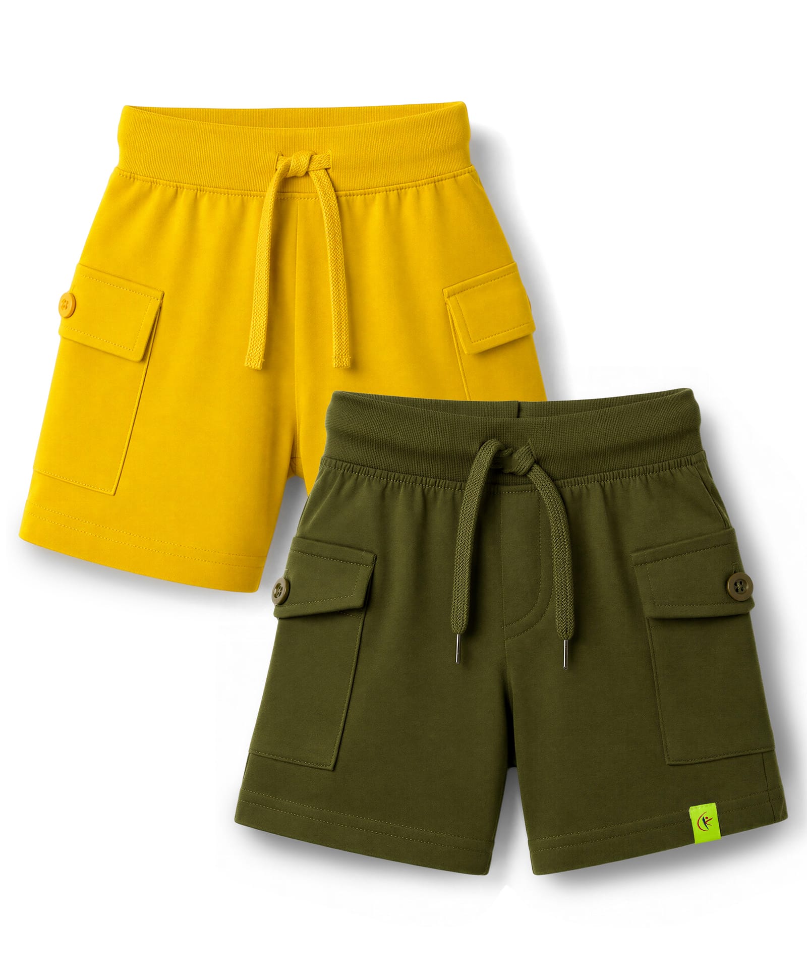 Kiddopanti Cotton Knit Solid Color Cargo Shorts Pack of 2 - Green & Mustard-picture-40