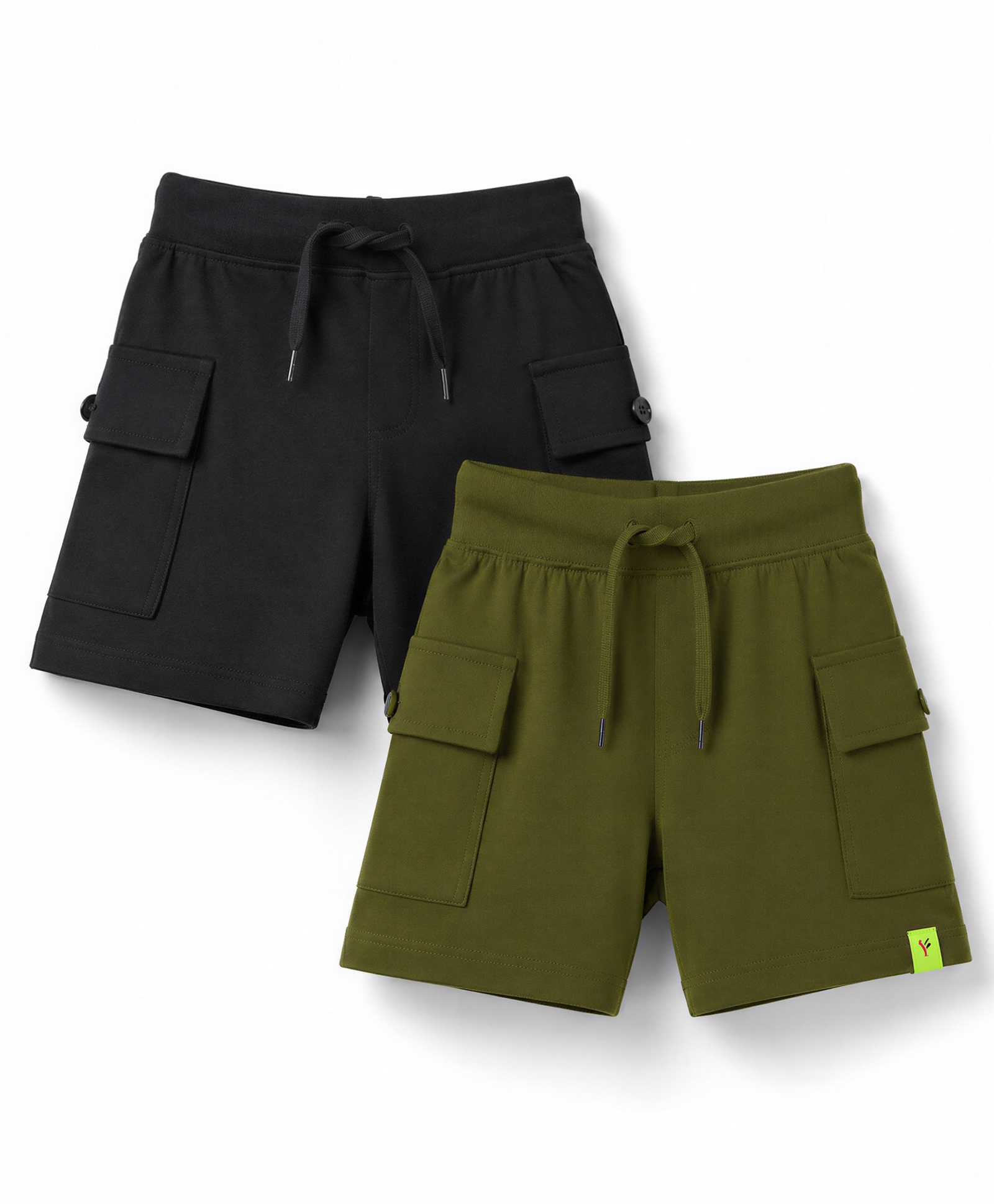 Kiddopanti Cotton Knit Solid Color Cargo Shorts Pack of 2- Black & Green-picture-34