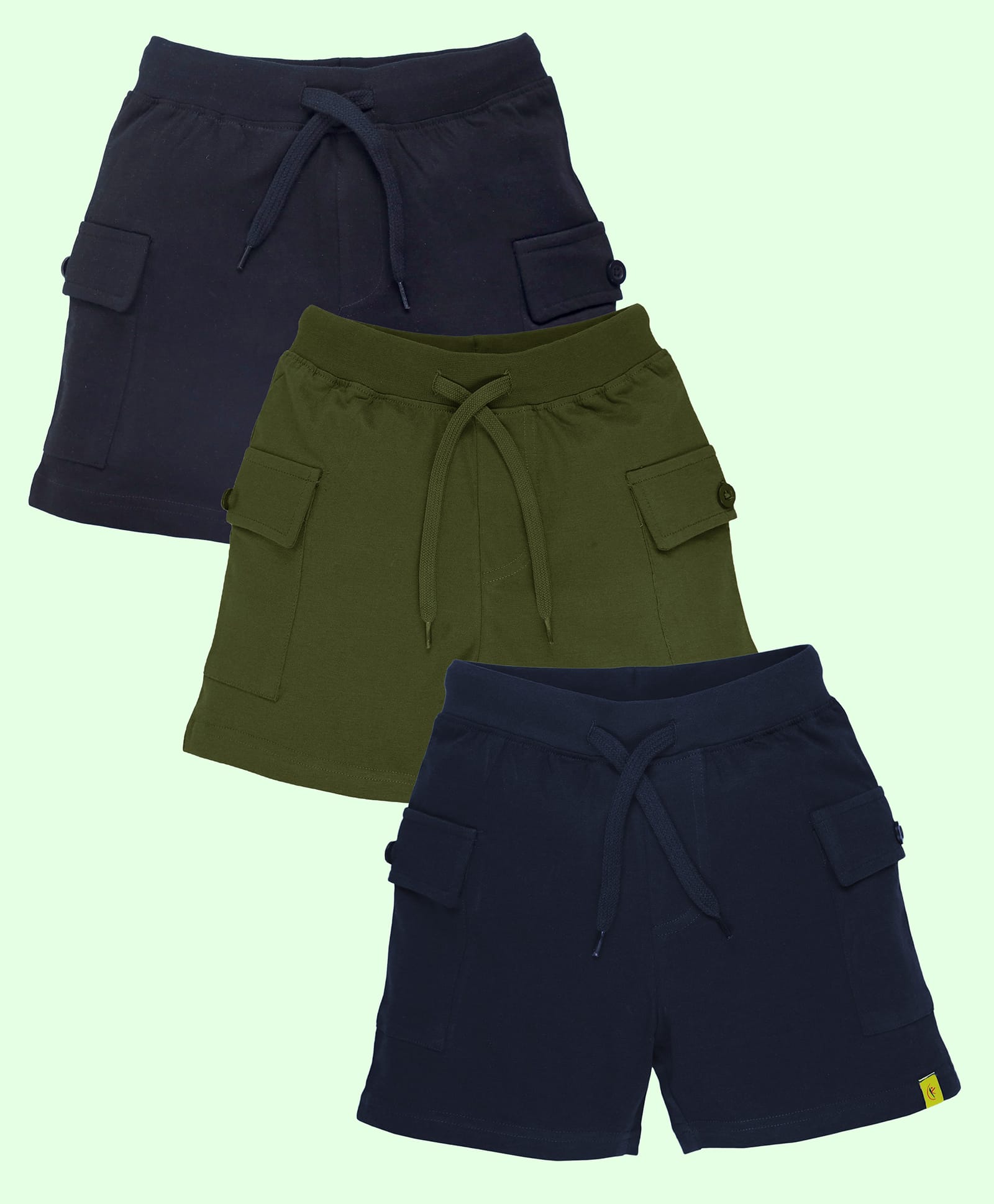 Kiddopanti Cotton Knit Solid Cargo Shorts Pack Of 3 - Black Navy Blue & Green-picture-38