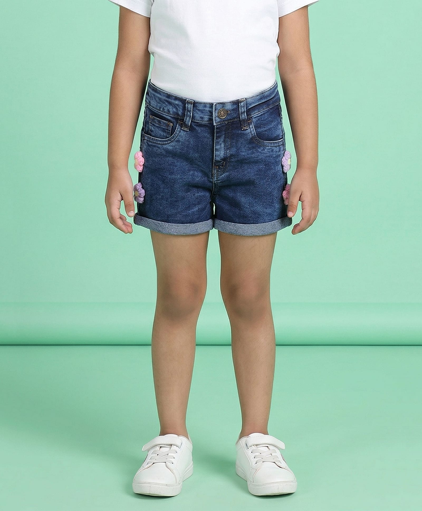 Kiddopanti Denim Woven Rollup Washed Shorts With 3D Crochet Flowers - Blue-picture-17