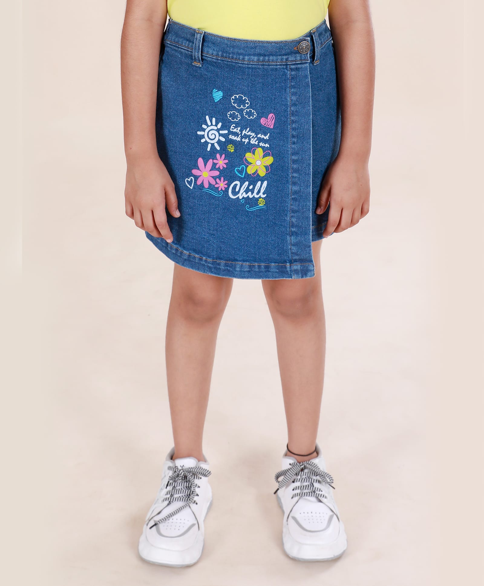 Kiddopanti Denim Woven Flower Printed Over Lap Mid Wash Skorts - Blue-picture-37