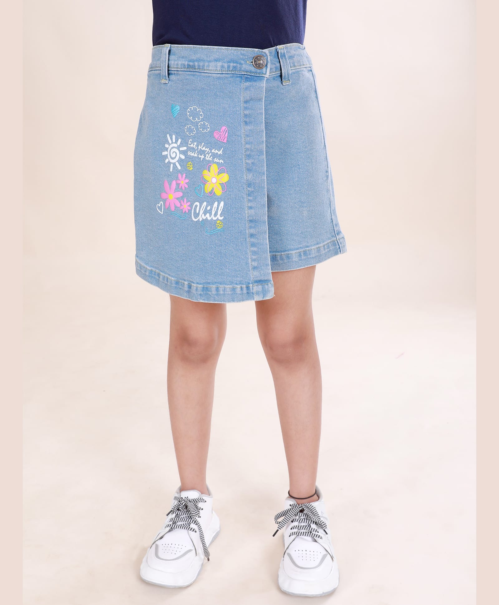 Kiddopanti Denim Woven Flower Printed Over Lap Light Washe Yext Printed Skort - Light Blue-picture-15