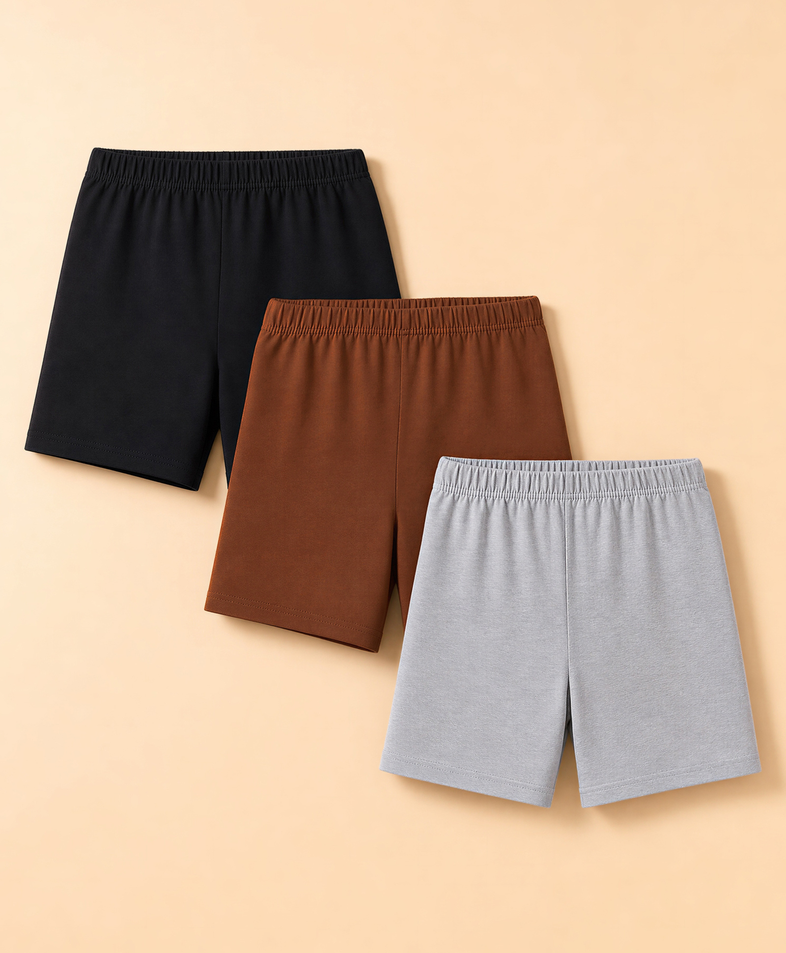 Kiddopanti Cotton Lycra Knit Solid Colour Cycling Shorts Pack of 3 - Black Grey & Brown-picture-14