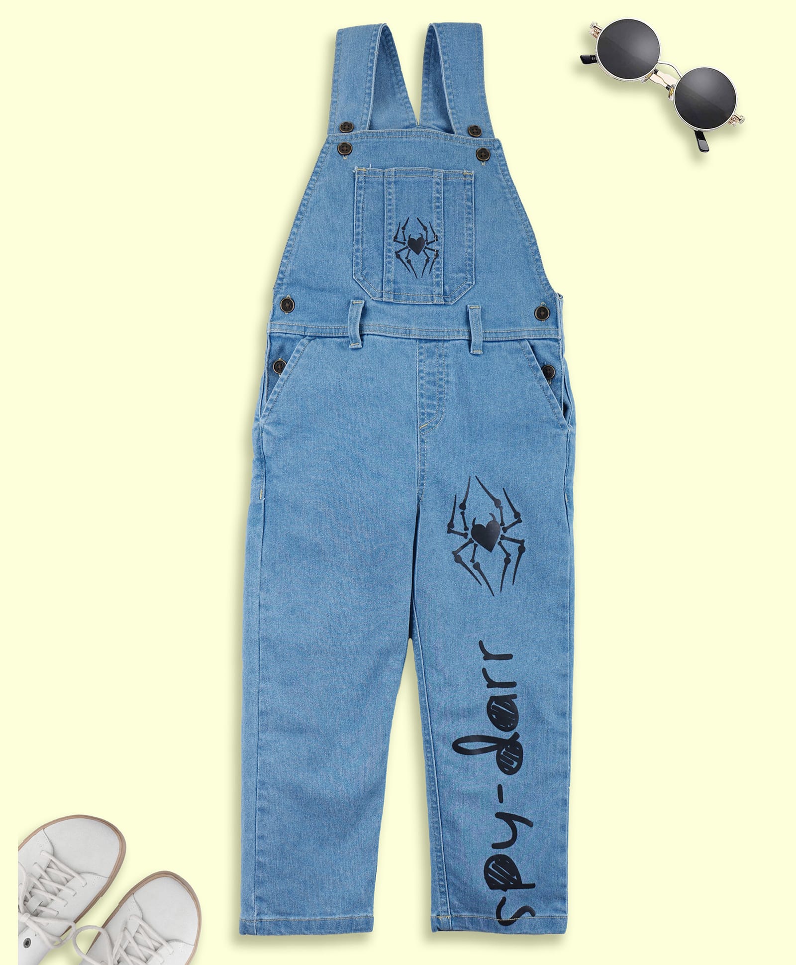 Kiddopanti Denim Woven Spyder Printed Full length Denim Dungaree Pant - Light Blue-image-25