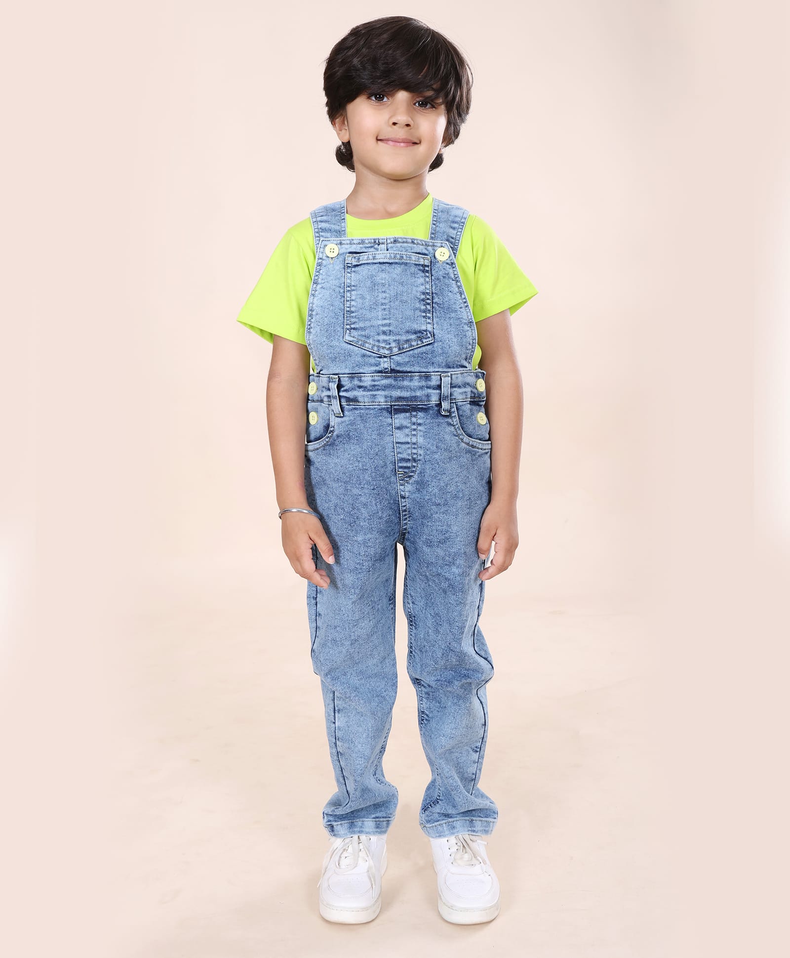 Kiddopanti Cotton Knit Half Sleeves Printed T-Shirt With Full Length Denim Dungaree Set - Neon Green & Light Blue-image-32