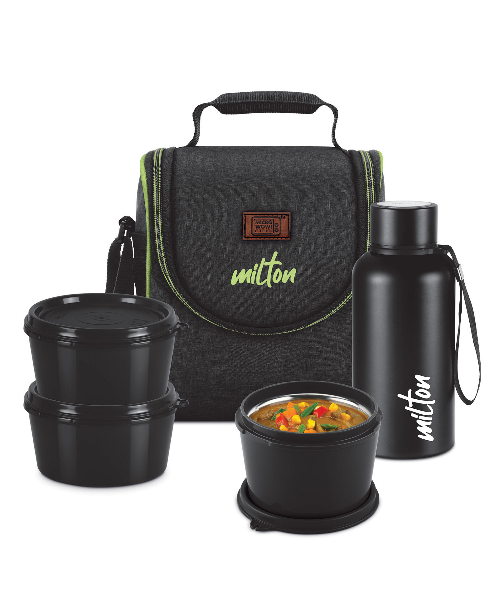 MILTON Thermo Combo Microwavable Inner Steel Containers (2X320ml 1x450ml) with Aura 500 Thermosteel Bottle (500 ml) with Jacket Ideal for Office School & Travel - Black-picture-15